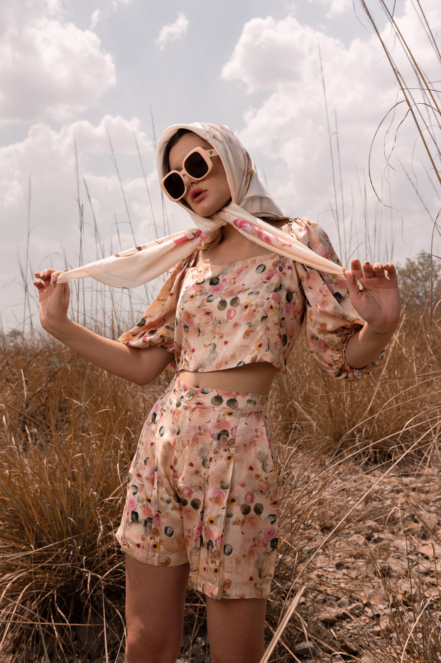 AFRIYA FLORAL WHISPERING PASTELS CROP TOP AND SHORTS CO-ORD SET