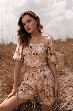 AFRIYA FLORAL WHISPERING PASTELS CROP TOP AND SHORTS CO-ORD SET
