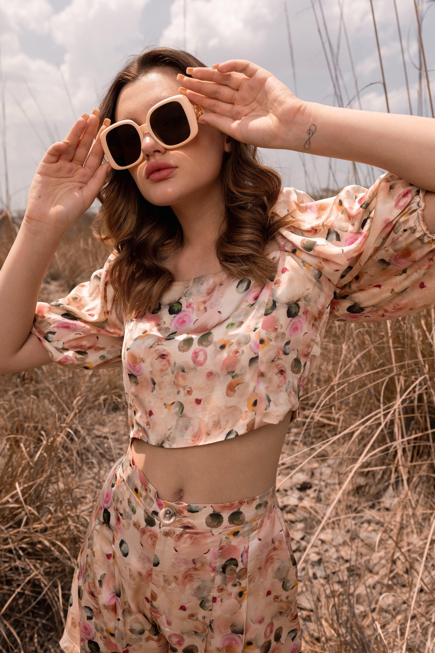 AFRIYA FLORAL WHISPERING PASTELS CROP TOP AND SHORTS CO-ORD SET