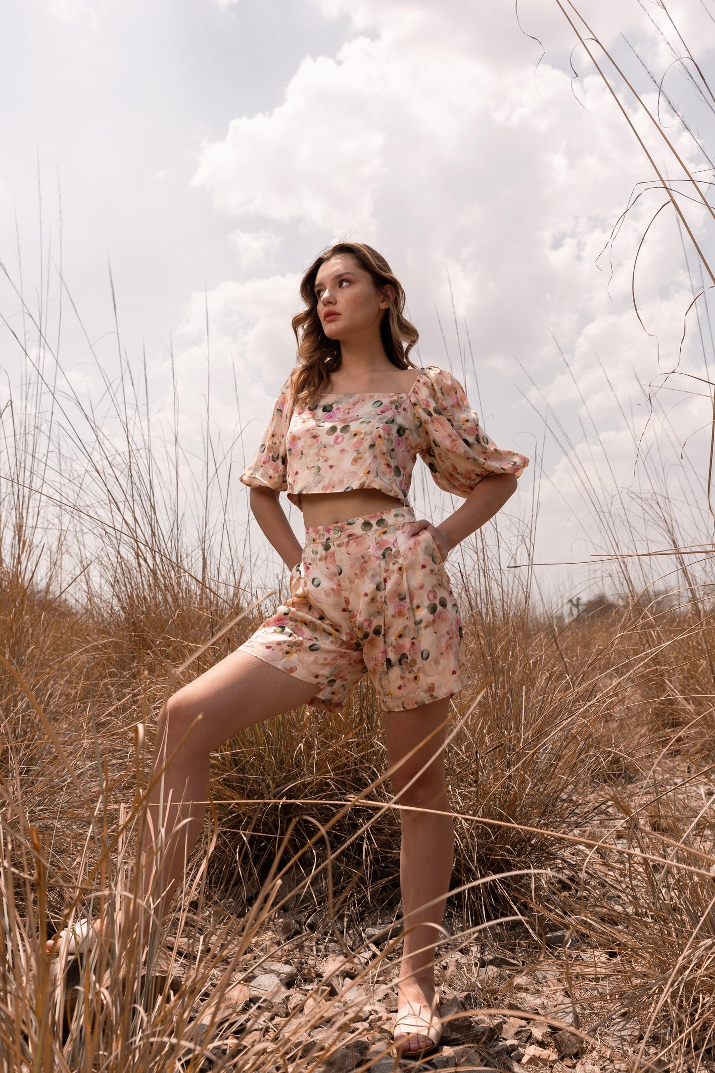AFRIYA FLORAL WHISPERING PASTELS CROP TOP AND SHORTS CO-ORD SET