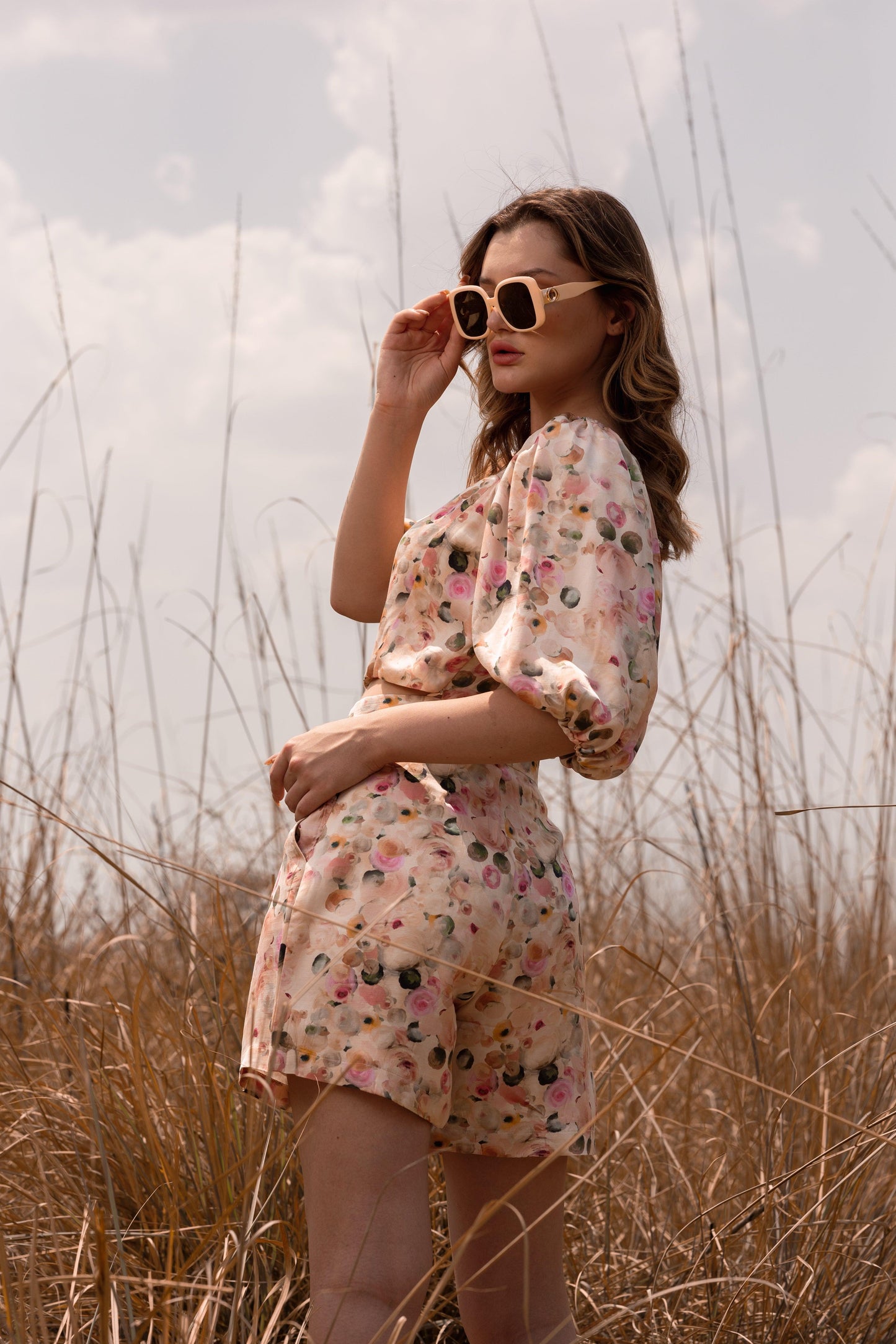 AFRIYA FLORAL WHISPERING PASTELS CROP TOP AND SHORTS CO-ORD SET