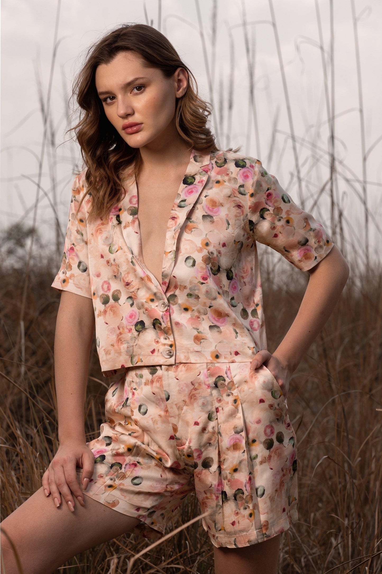 AFRIYA FLORAL WHISPERING PASTELS SHORT BLAZER AND SHORTS CO-ORD SET