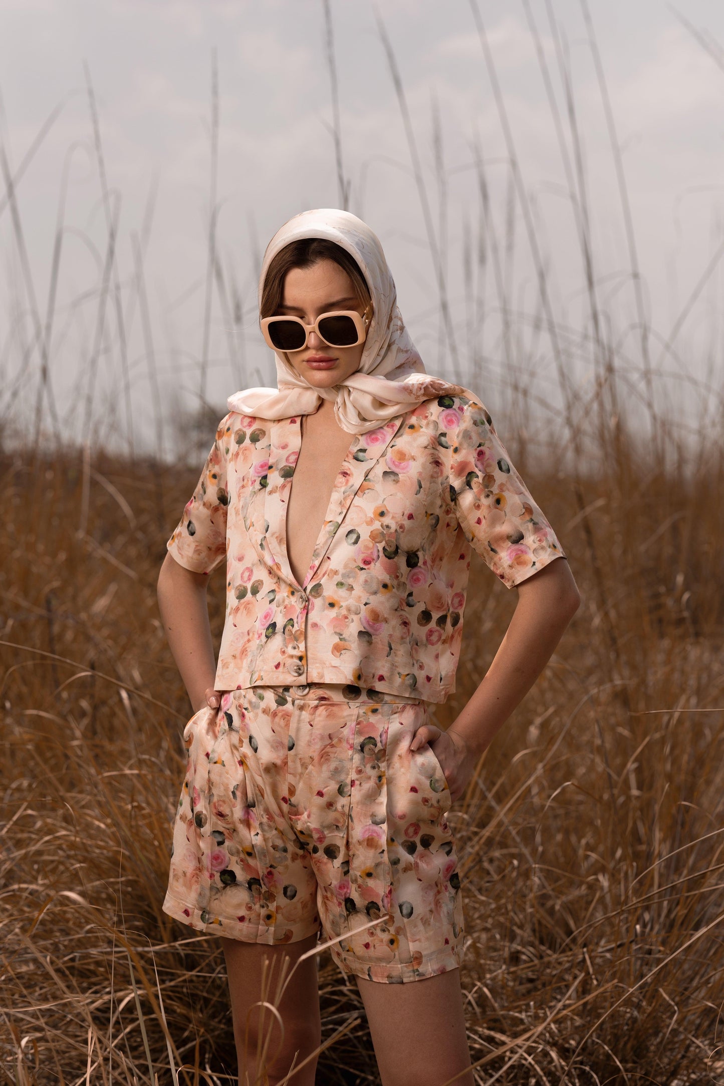 AFRIYA FLORAL WHISPERING PASTELS SHORT BLAZER AND SHORTS CO-ORD SET