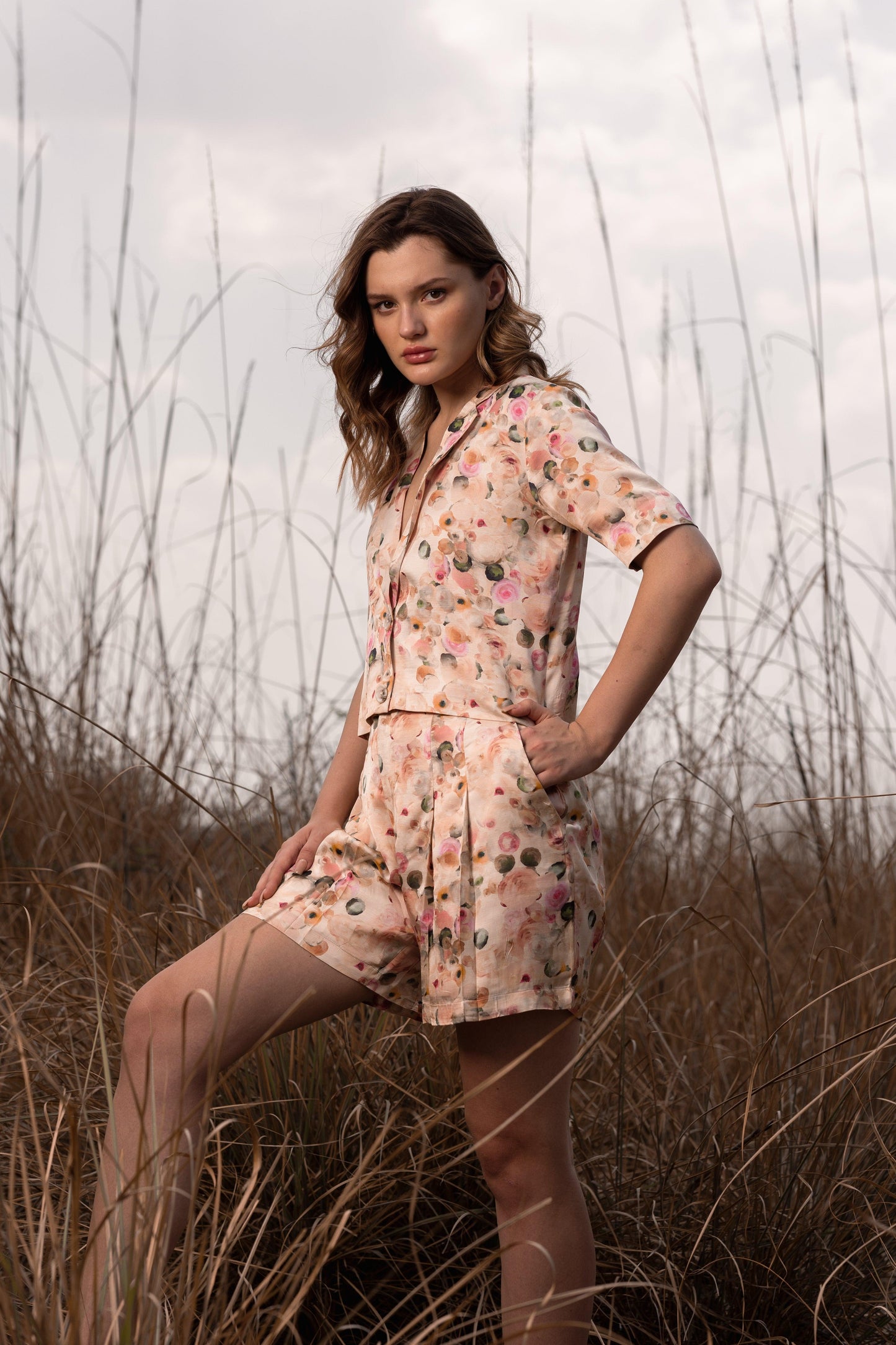 AFRIYA FLORAL WHISPERING PASTELS SHORT BLAZER AND SHORTS CO-ORD SET