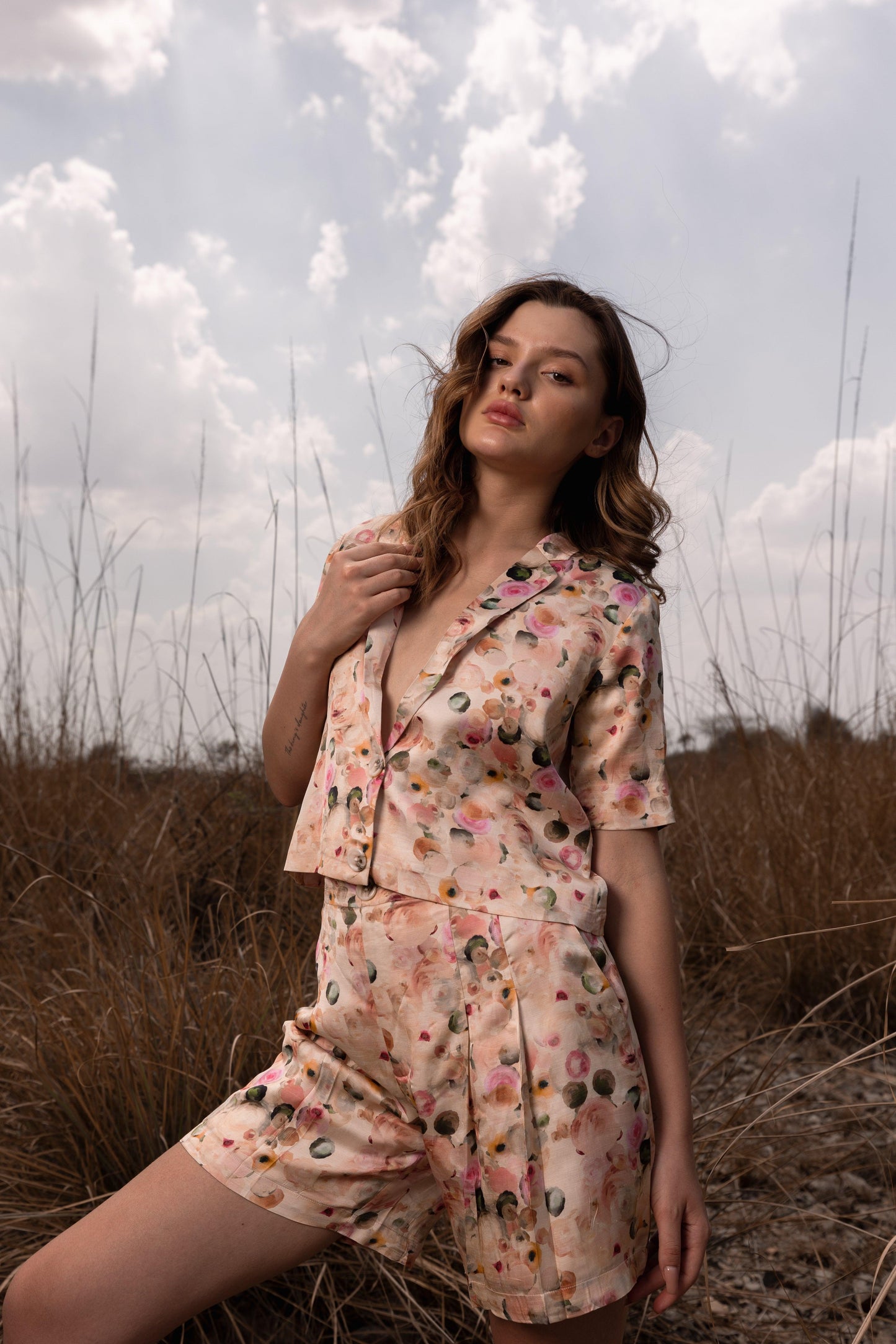 AFRIYA FLORAL WHISPERING PASTELS SHORT BLAZER AND SHORTS CO-ORD SET