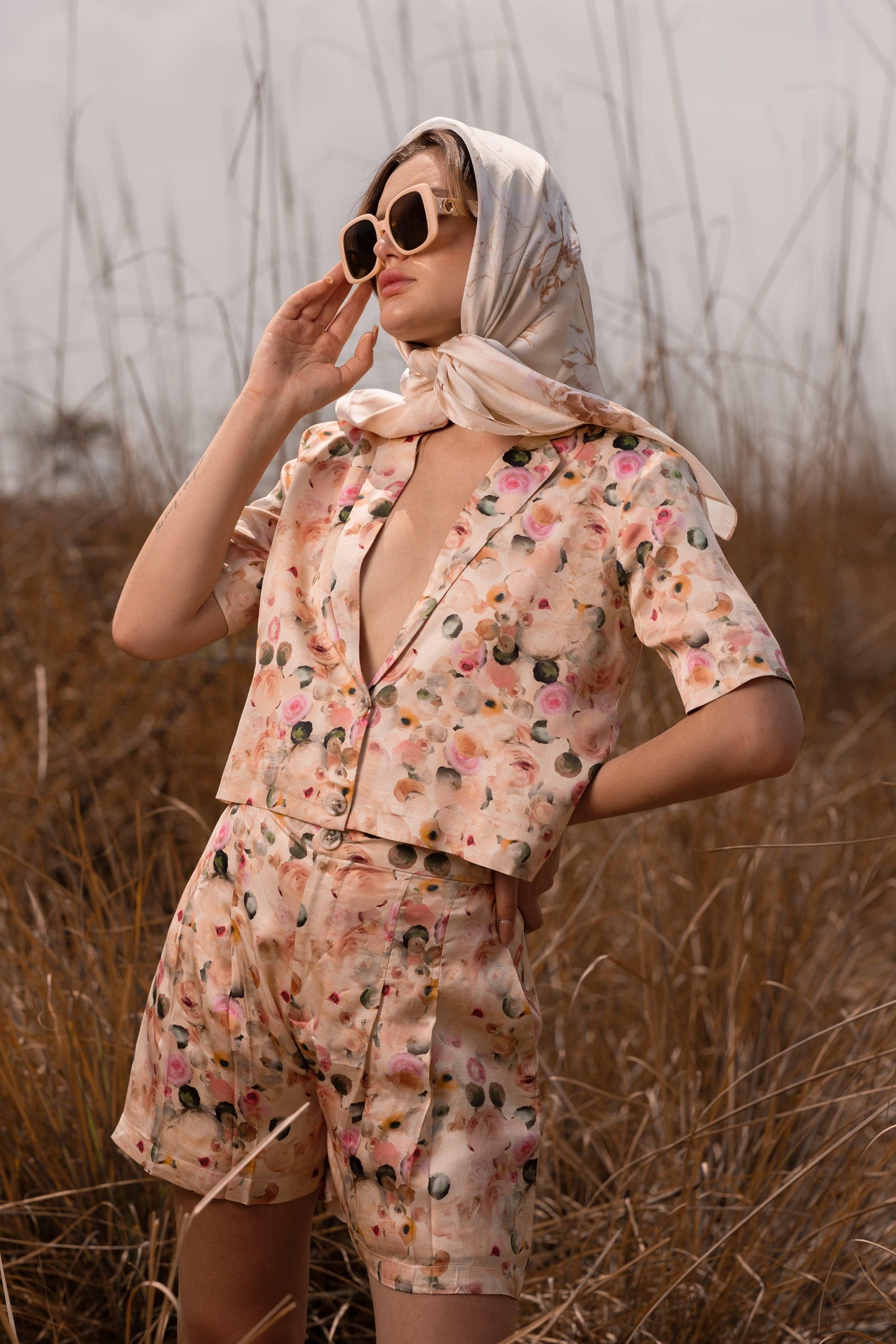 AFRIYA FLORAL WHISPERING PASTELS SHORT BLAZER AND SHORTS CO-ORD SET