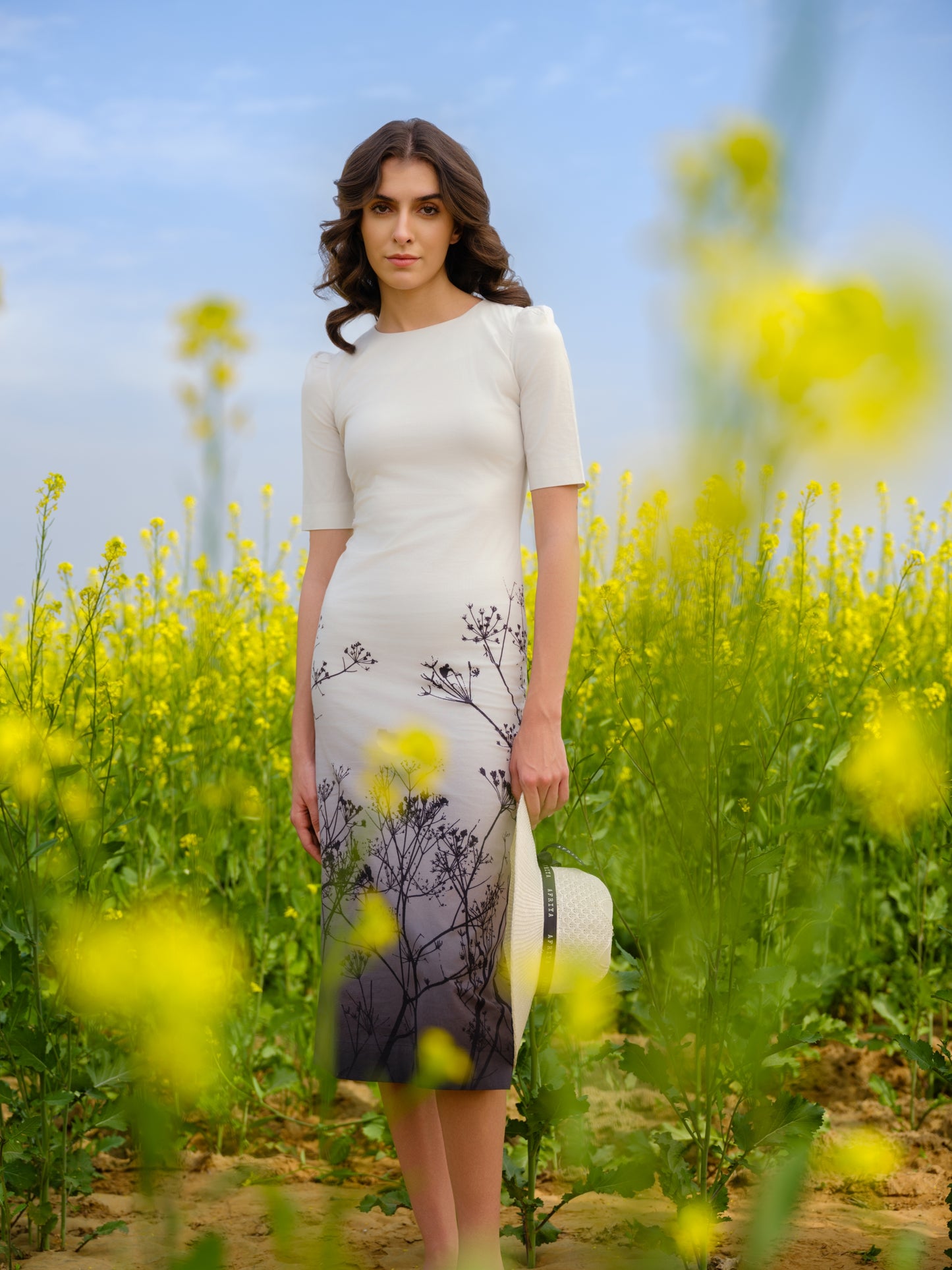 Monochrome Meadow Bodycon Midi Dress