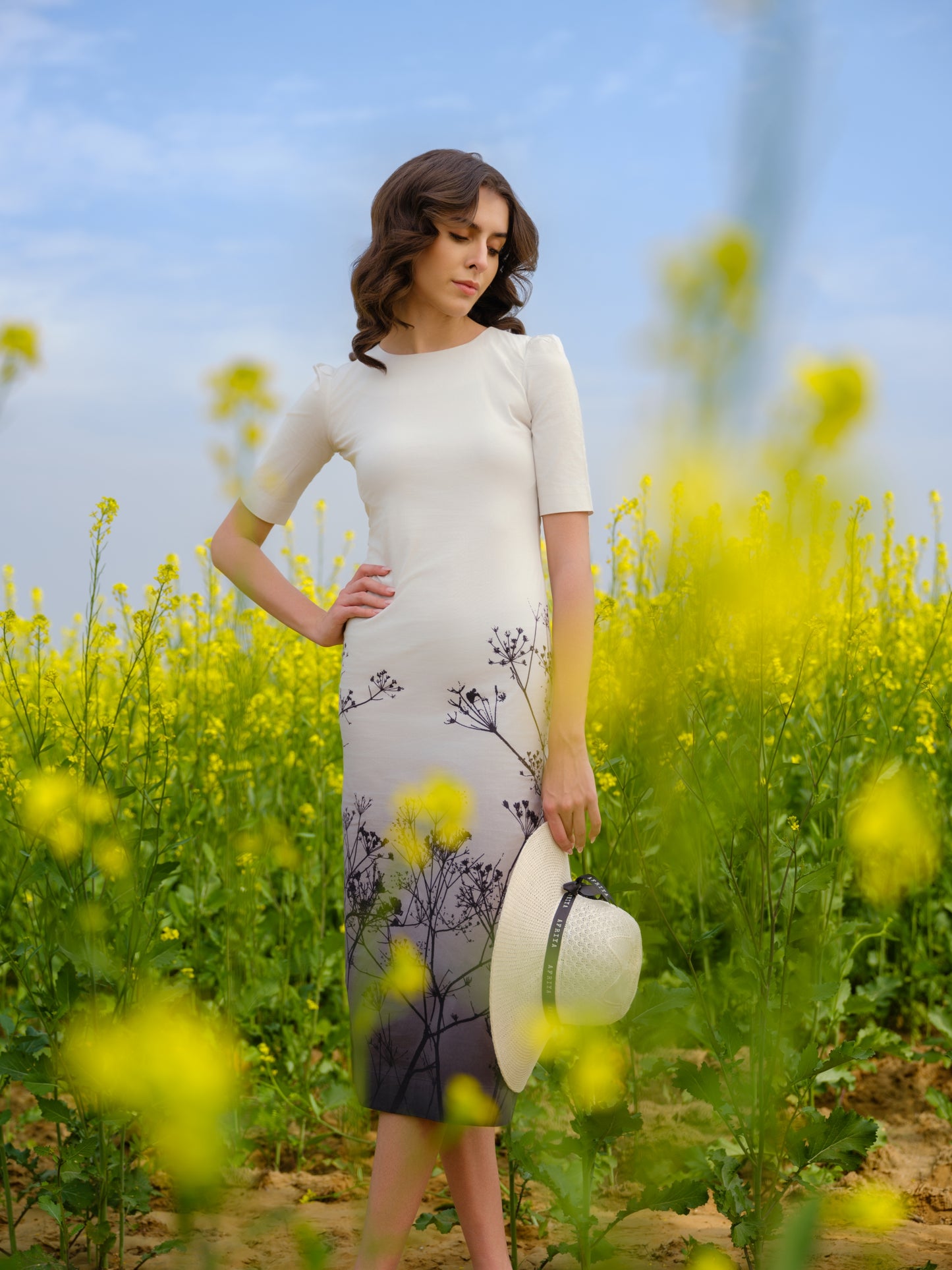 Monochrome Meadow Bodycon Midi Dress