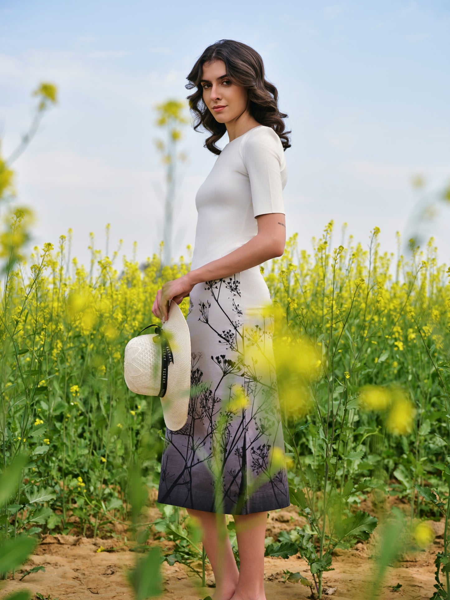 Monochrome Meadow Bodycon Midi Dress