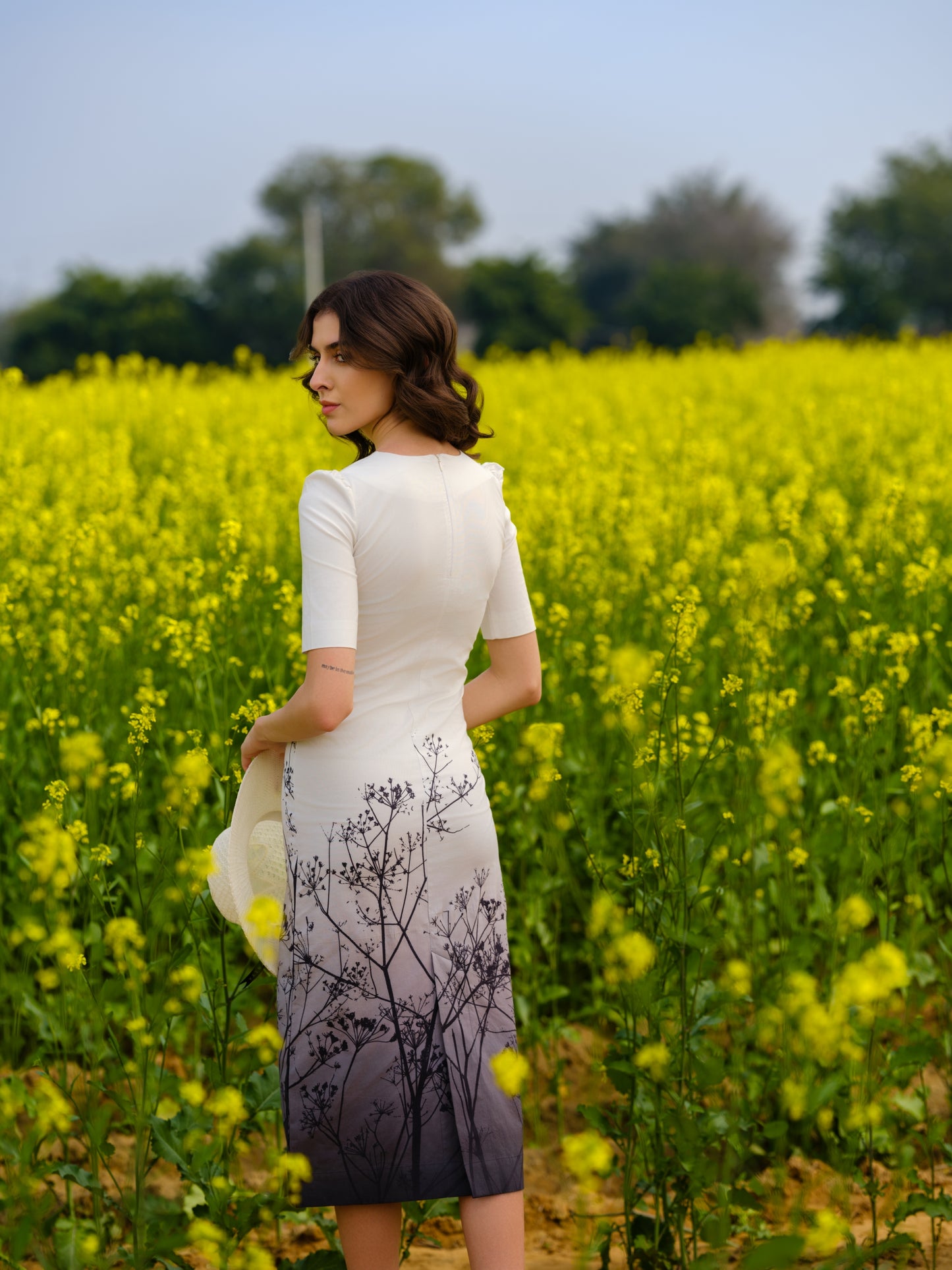 Monochrome Meadow Bodycon Midi Dress