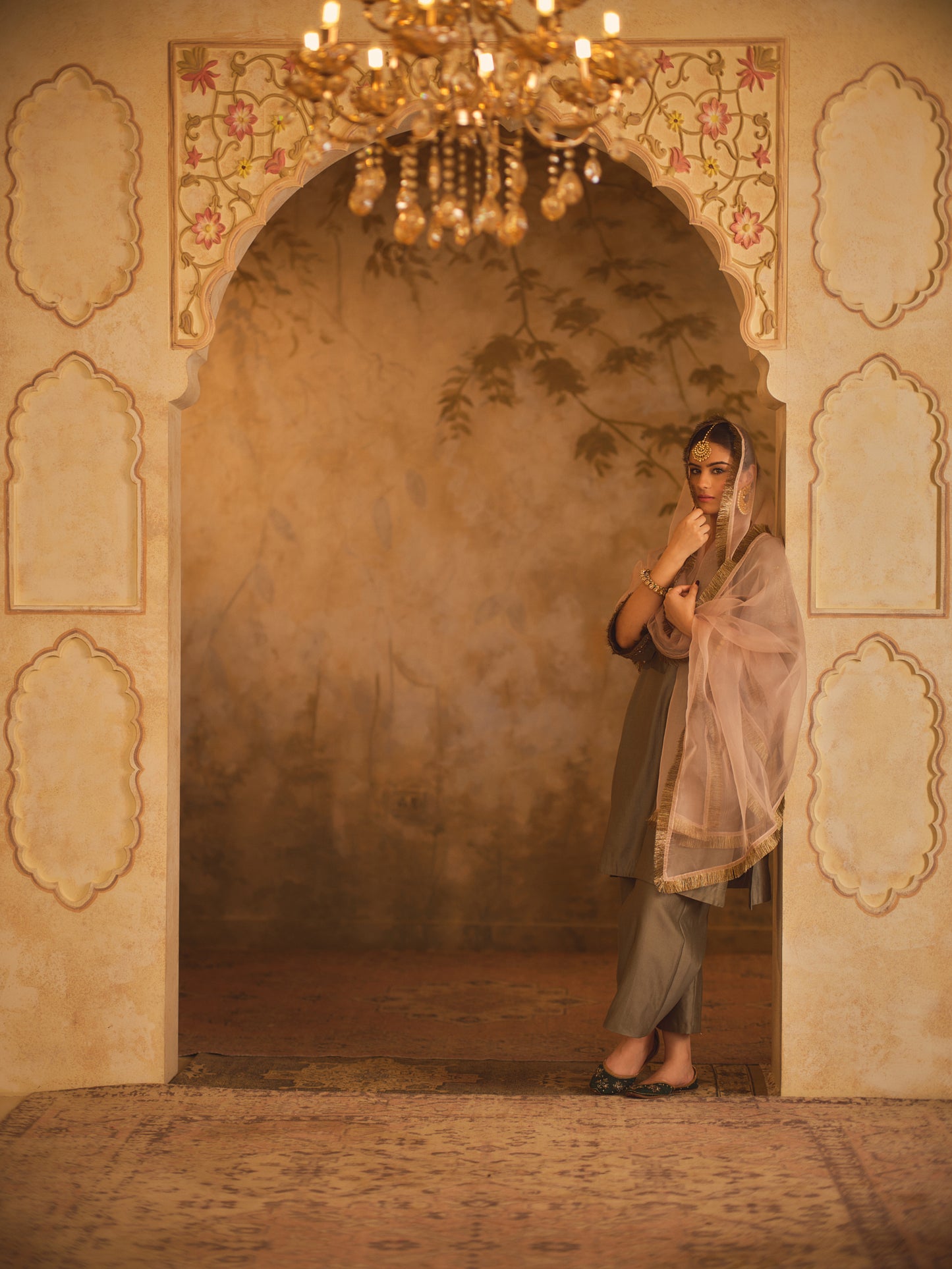 TAJRA GREEN V-NECK A-LINE KURTA SET