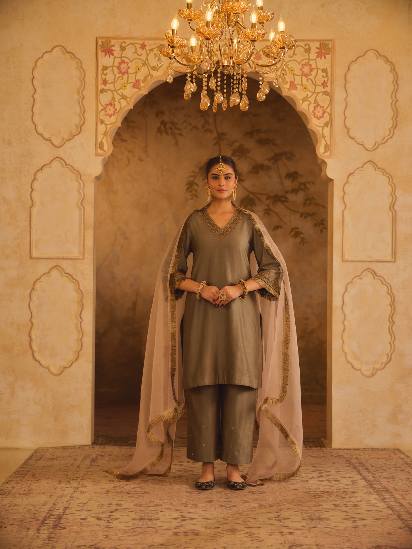 TAJRA GREEN V-NECK A-LINE KURTA SET