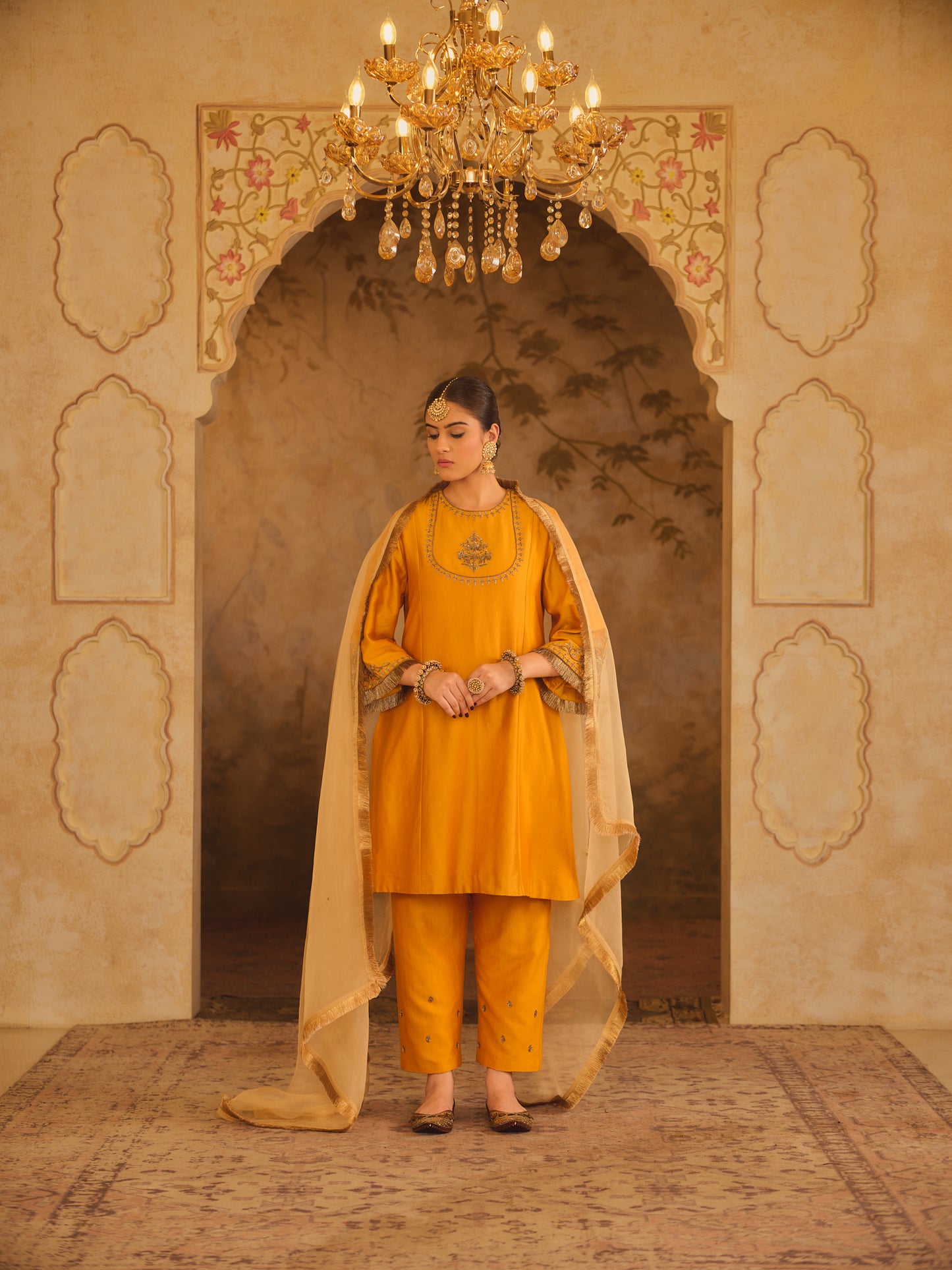 TAJRA MUSTARD ZERO-NECK A-LINE KURTA SET