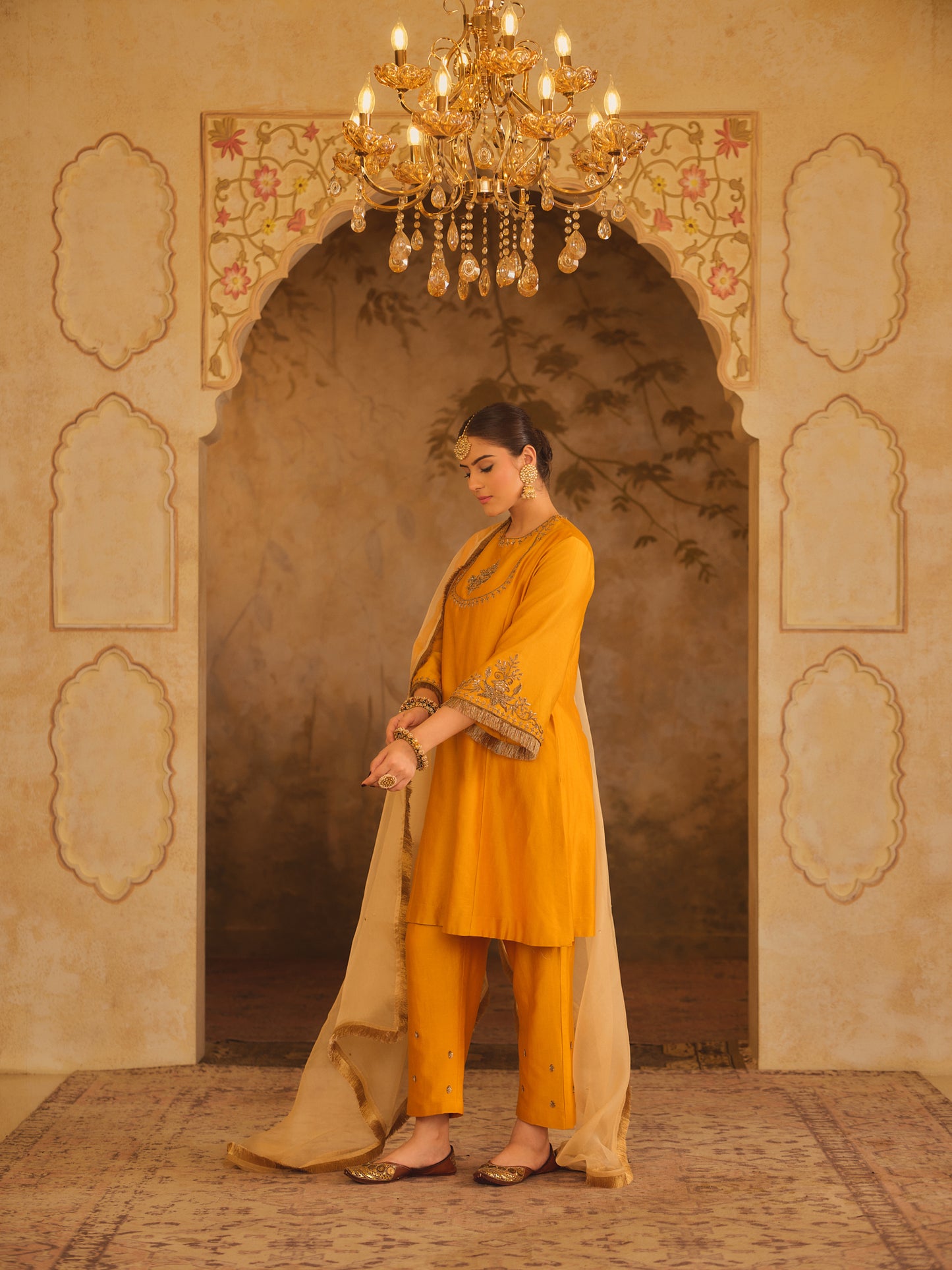 TAJRA MUSTARD ZERO-NECK A-LINE KURTA SET