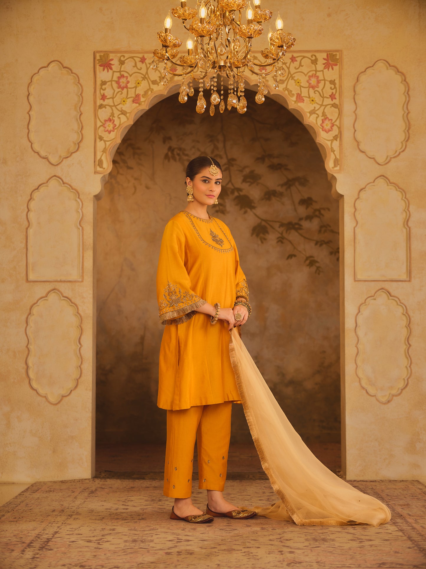 TAJRA MUSTARD ZERO-NECK A-LINE KURTA SET