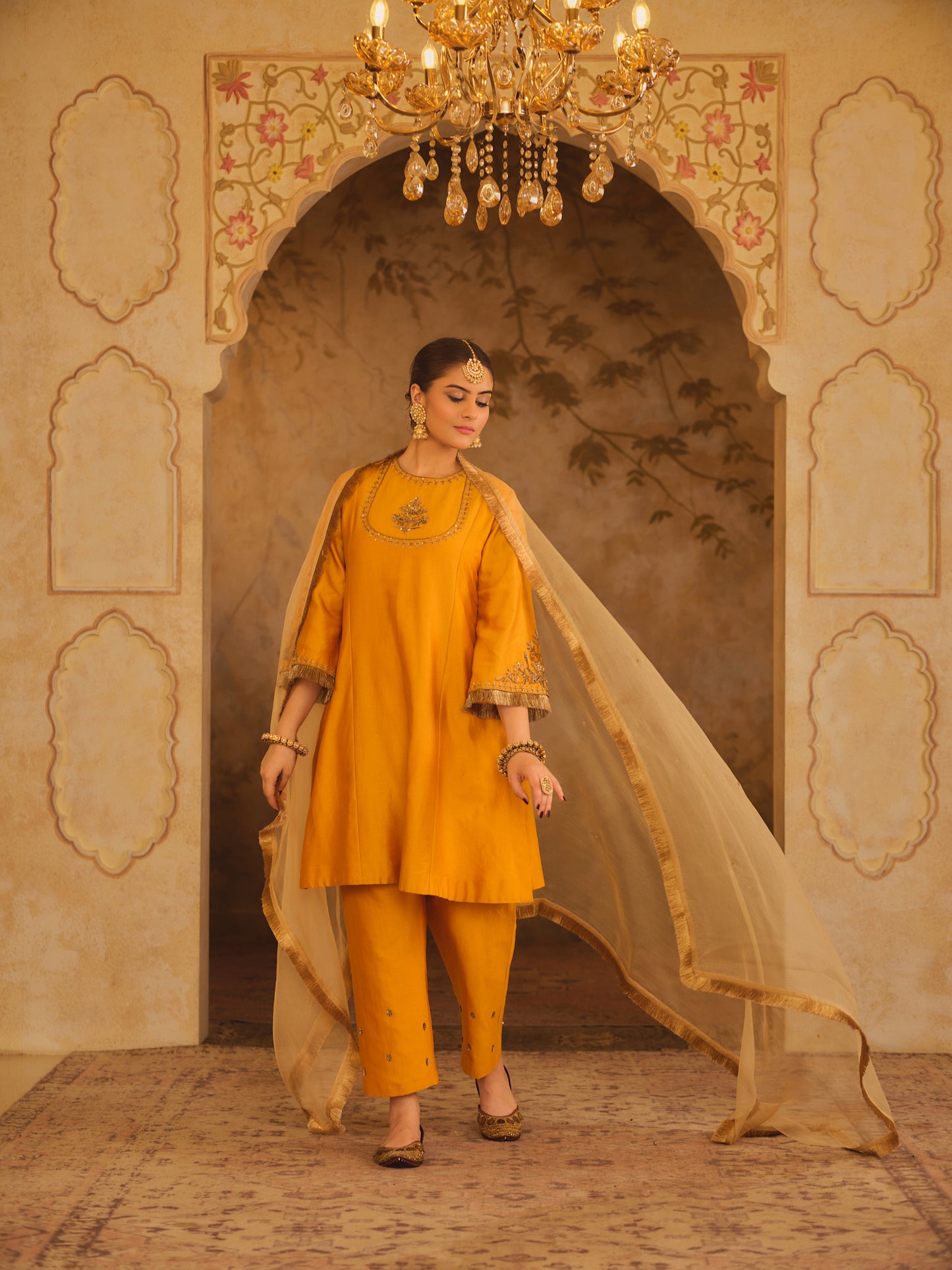 TAJRA MUSTARD ZERO-NECK A-LINE KURTA SET