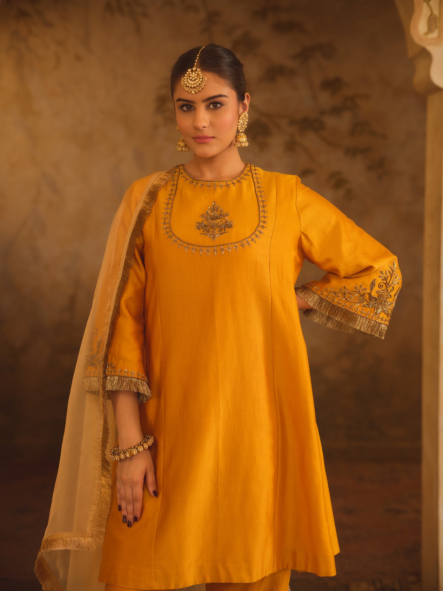 TAJRA MUSTARD ZERO-NECK A-LINE KURTA SET