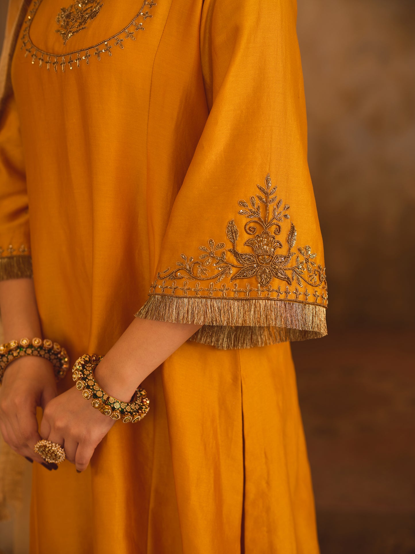 TAJRA MUSTARD ZERO-NECK A-LINE KURTA SET