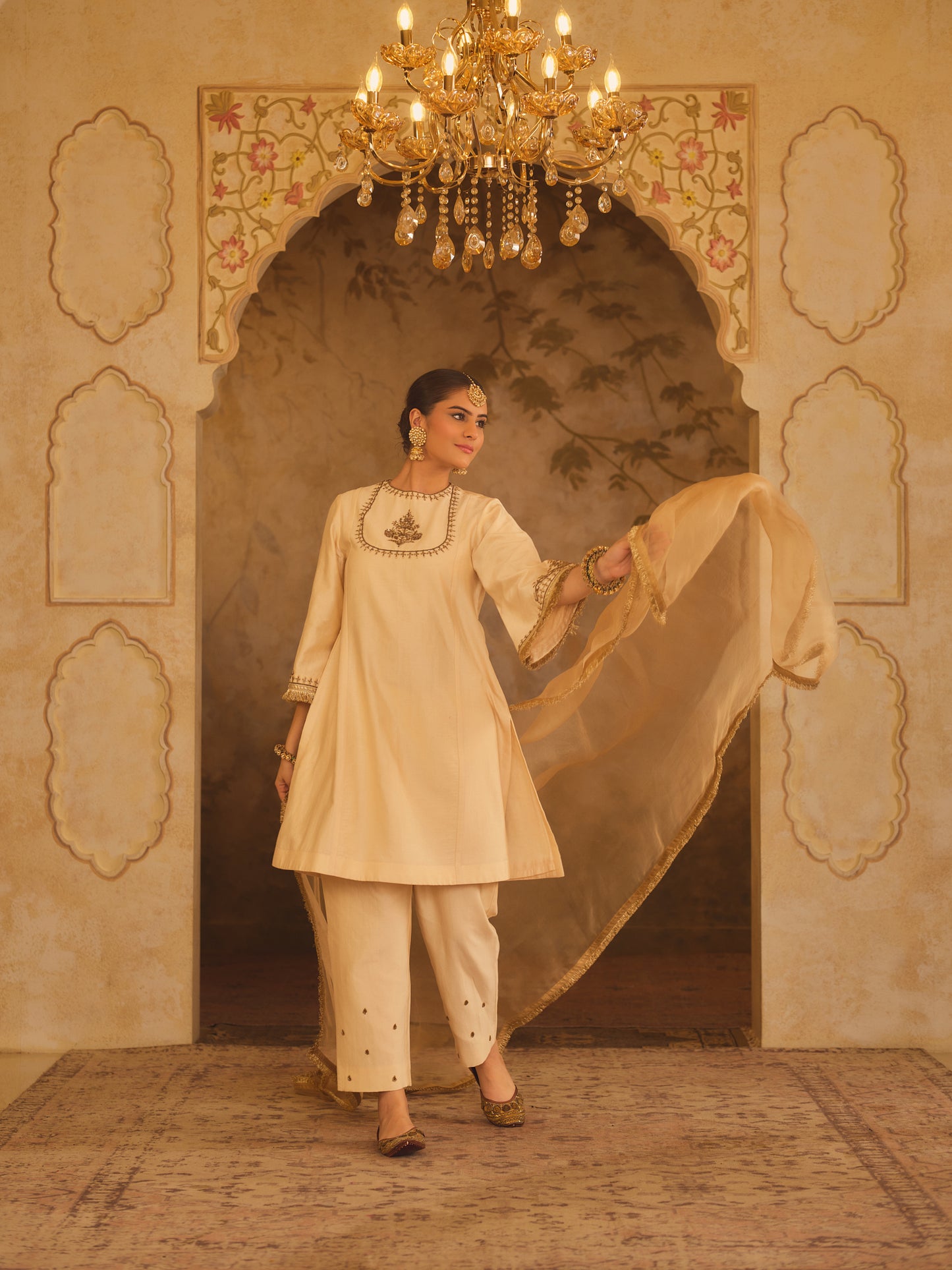 TAJRA MUSTARD ZERO-NECK A-LINE KURTA SET