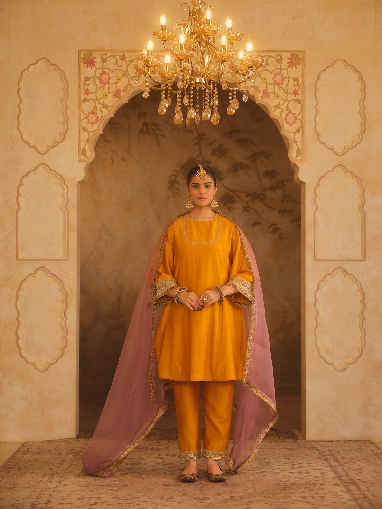 GULBANO MUSTARD ZERO-NECK A-LINE KURTA SET