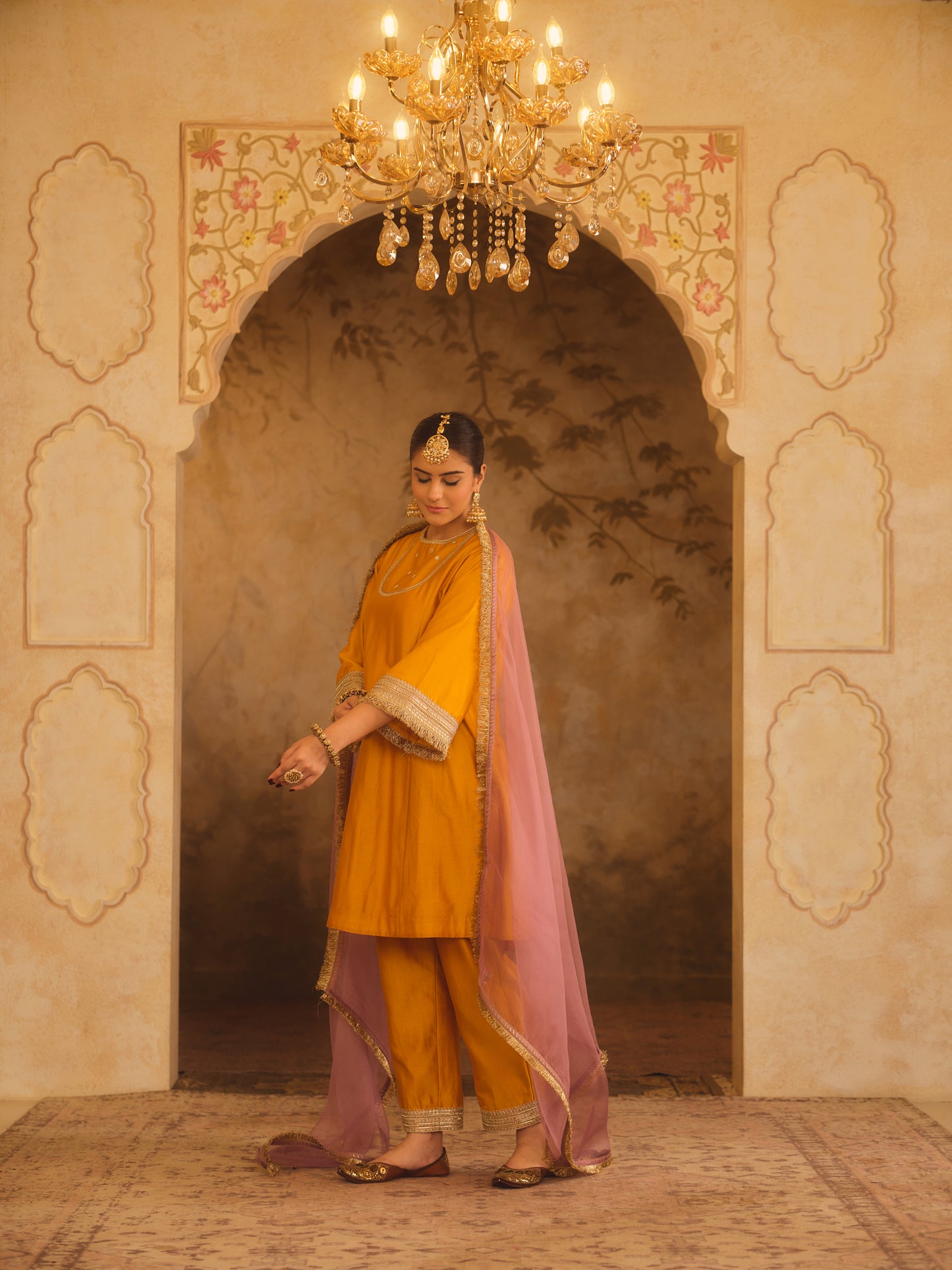 GULBANO MUSTARD ZERO-NECK A-LINE KURTA SET