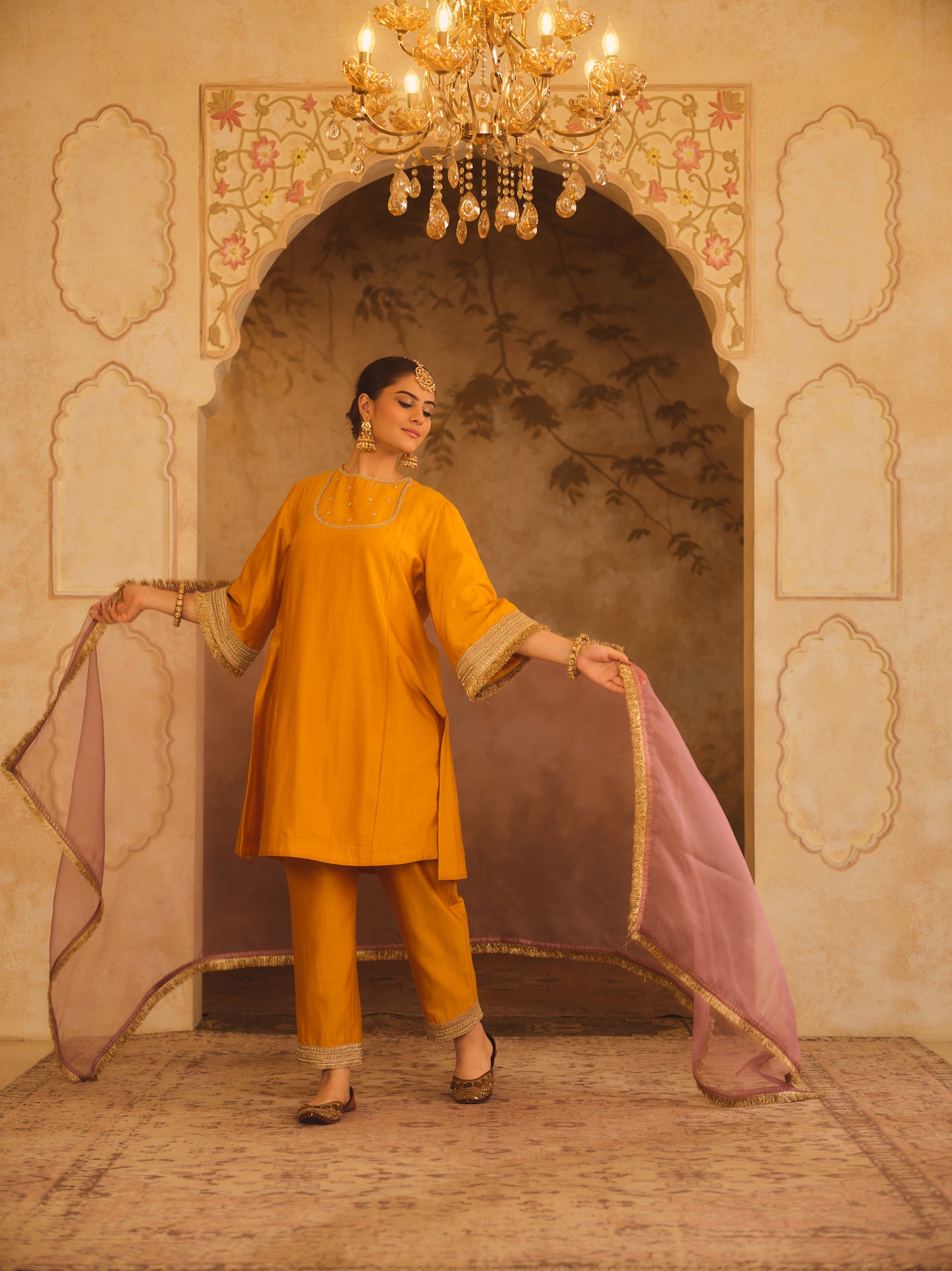 GULBANO MUSTARD ZERO-NECK A-LINE KURTA SET