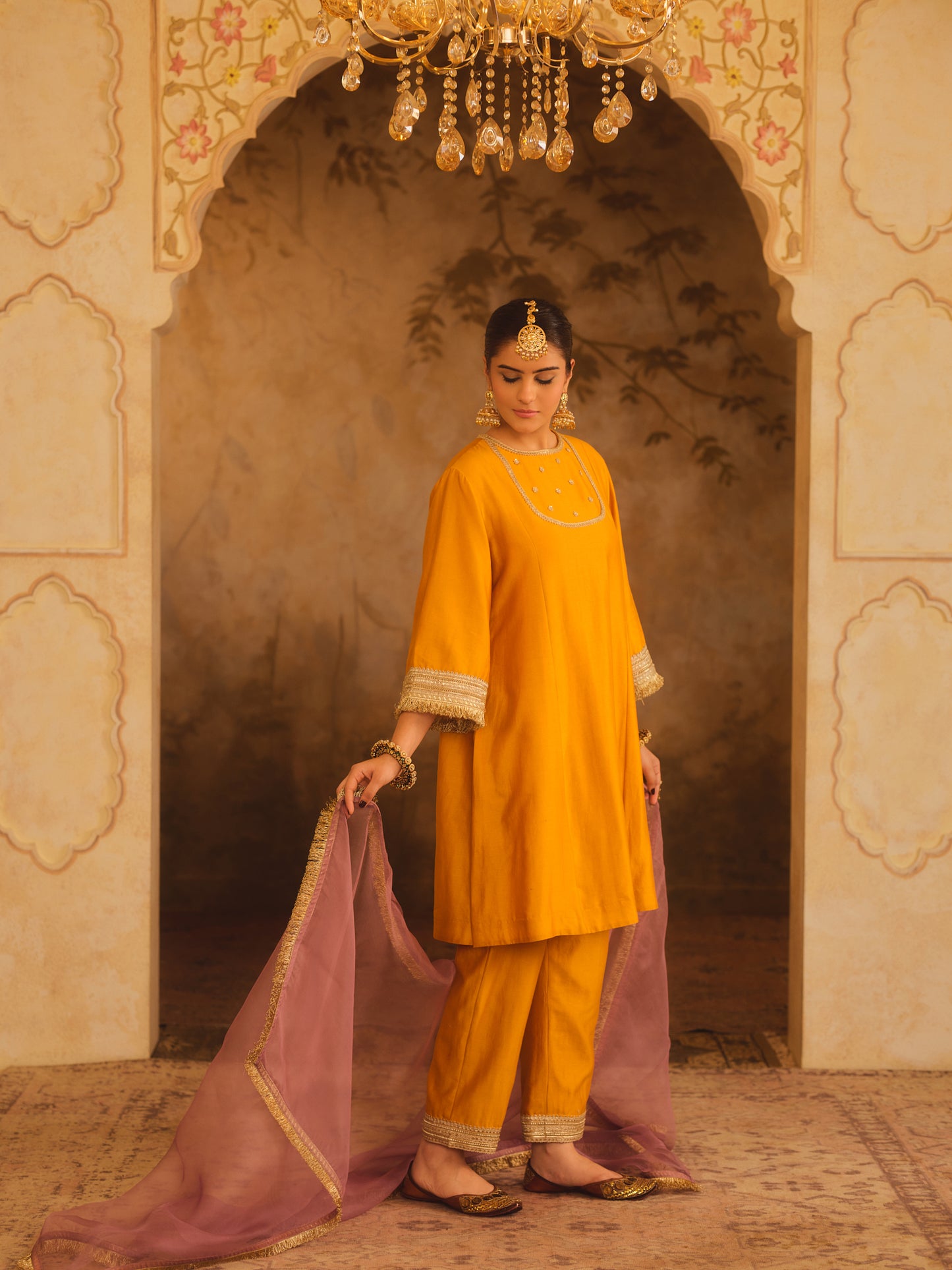 GULBANO MUSTARD ZERO-NECK A-LINE KURTA SET