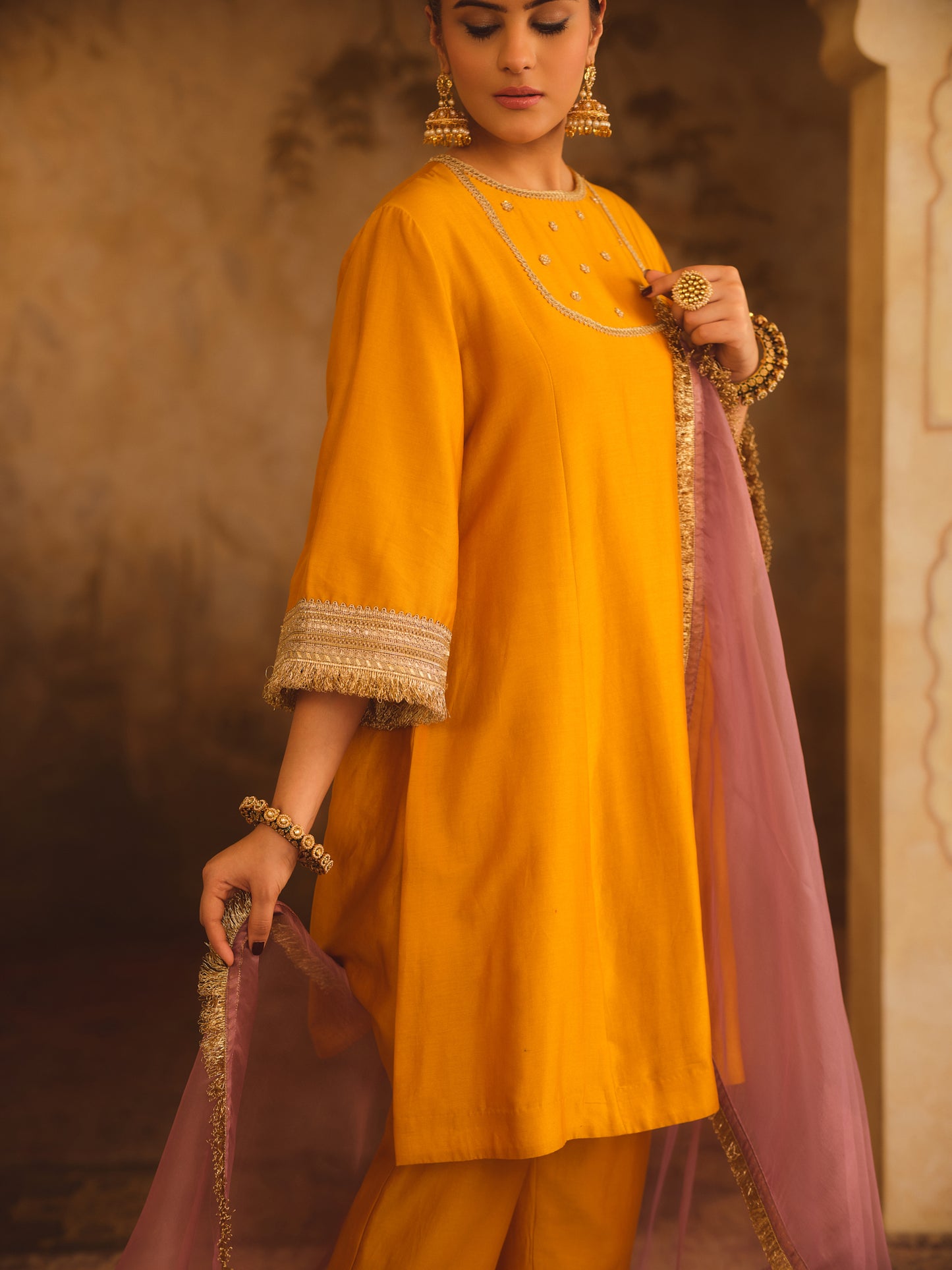 GULBANO MUSTARD ZERO-NECK A-LINE KURTA SET