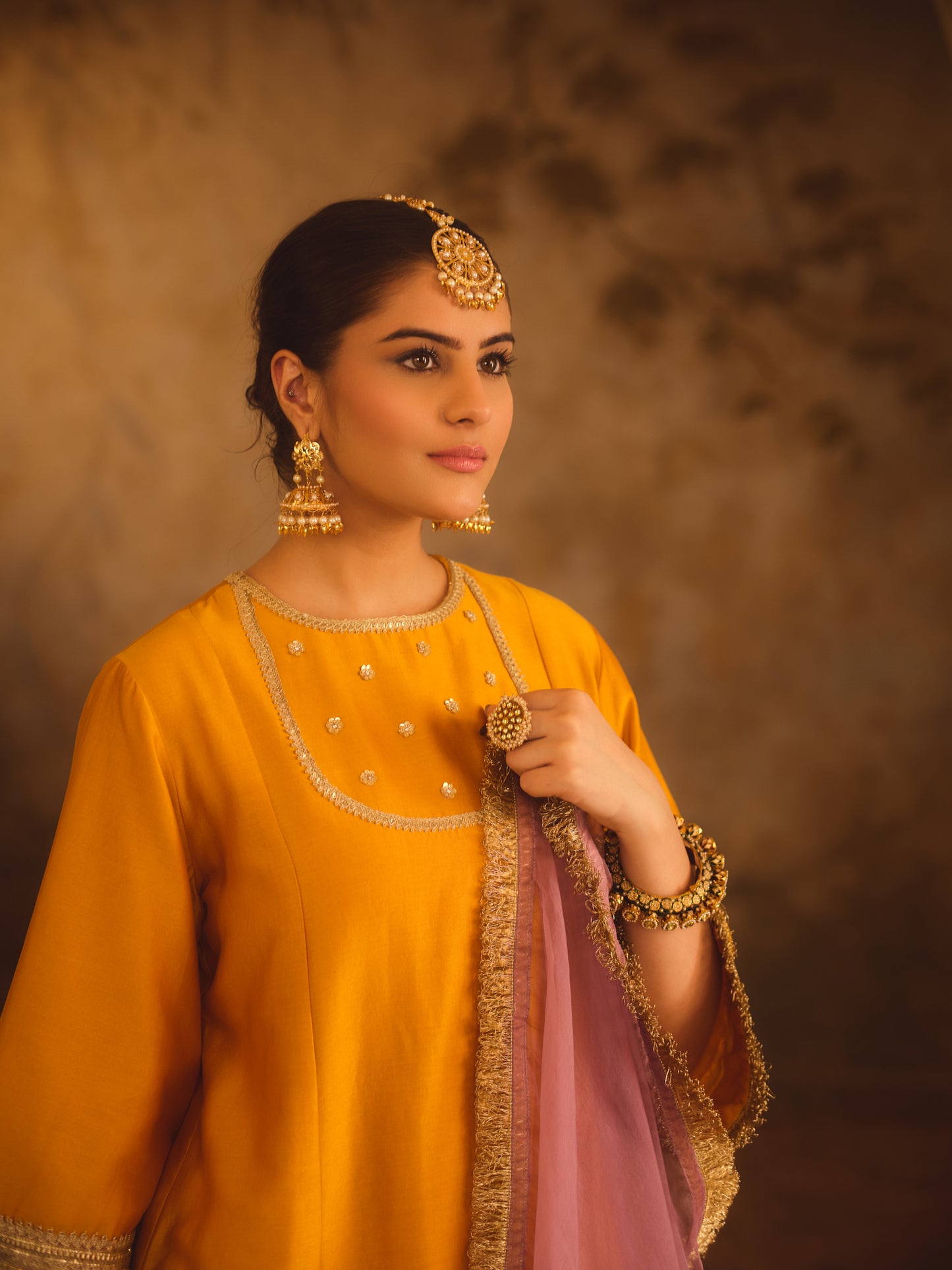 GULBANO MUSTARD ZERO-NECK A-LINE KURTA SET