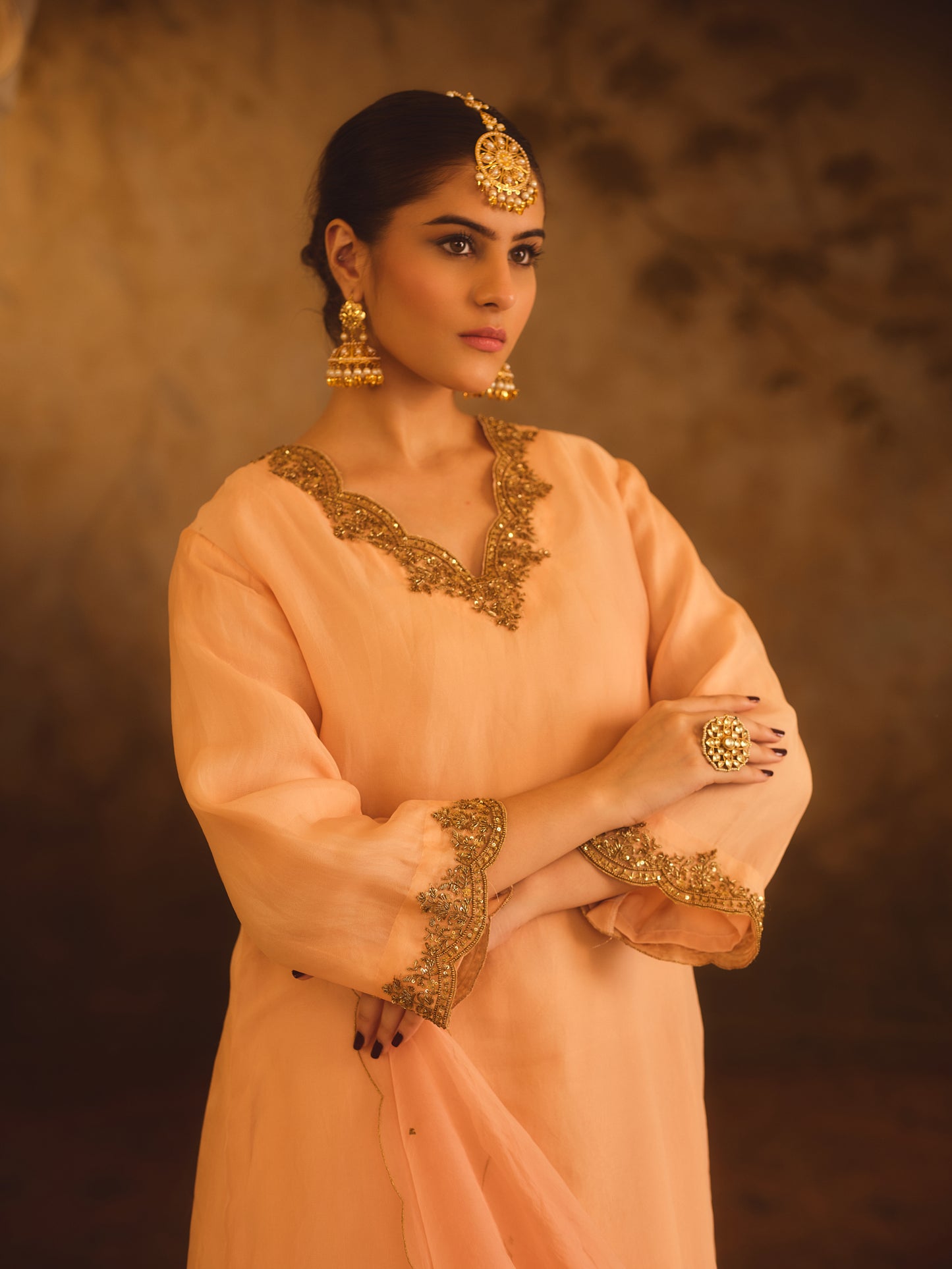 TAJRA PEACH V-NECK ORGANZA A-LINE KURTA SET