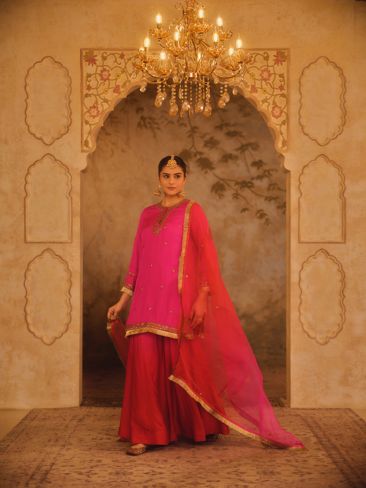 HOOR-E-MAHAL PINK & RED OMBRE KURTA SHARARA SET