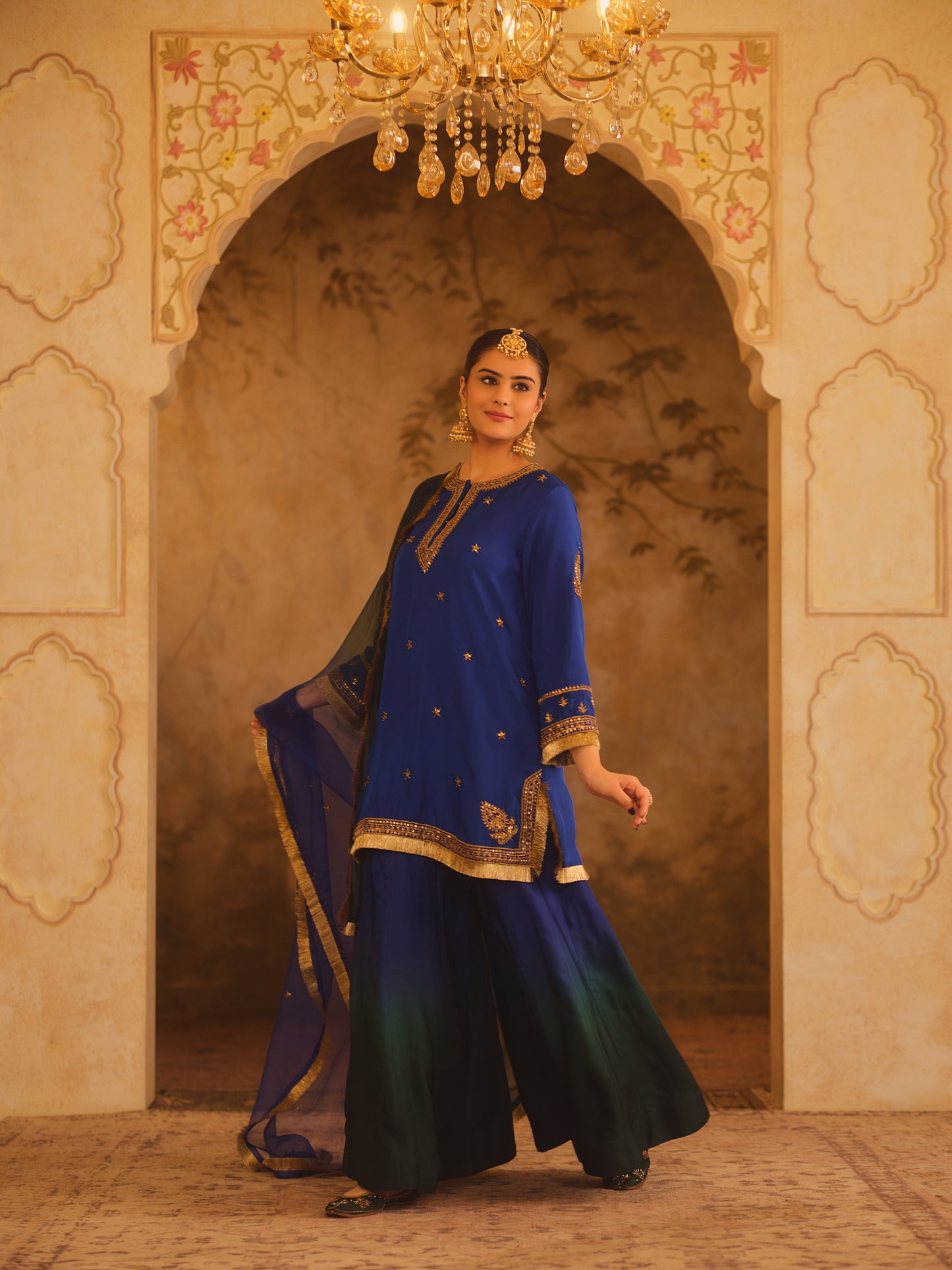 HOOR-E-MAHAL BLUE & GREEN OMBRE KURTA SHARARA SET