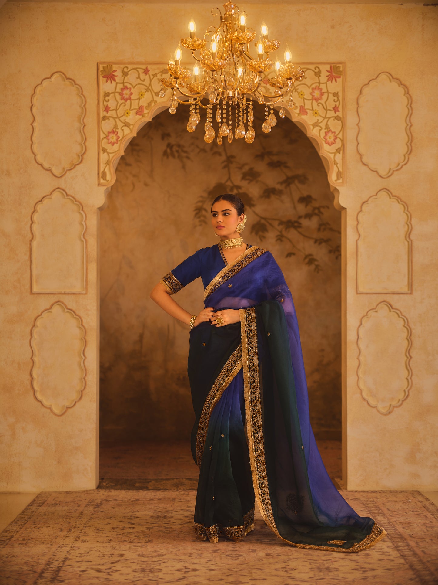HOOR-E-MAHAL BLUE & GREEN OMBRE ORGANZA SAREE