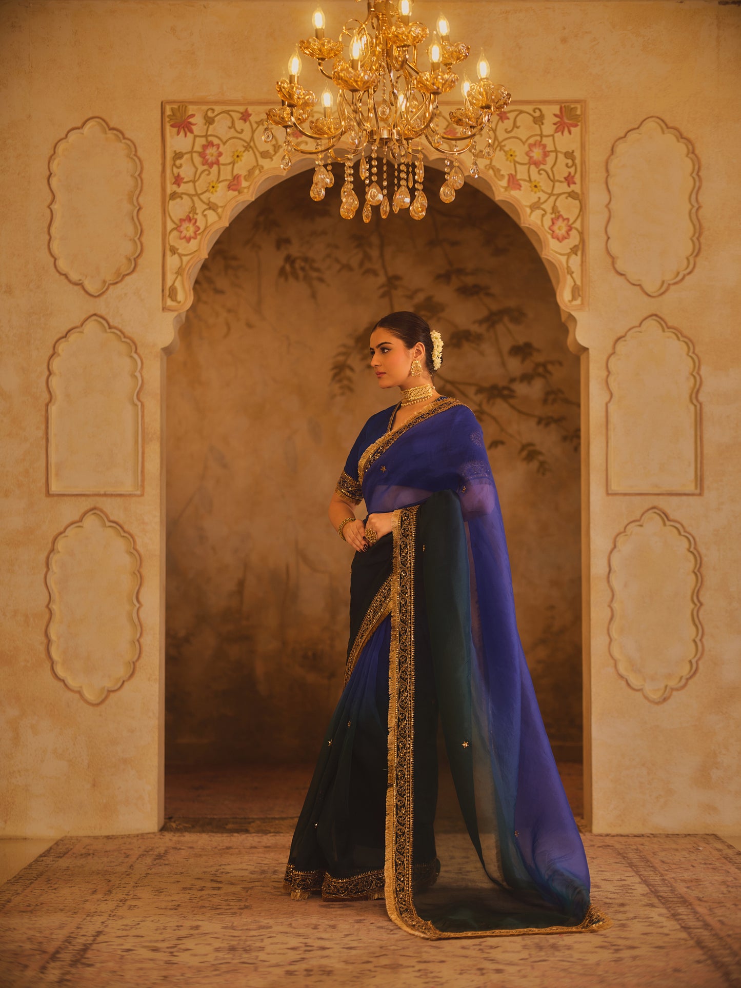 HOOR-E-MAHAL BLUE & GREEN OMBRE ORGANZA SAREE