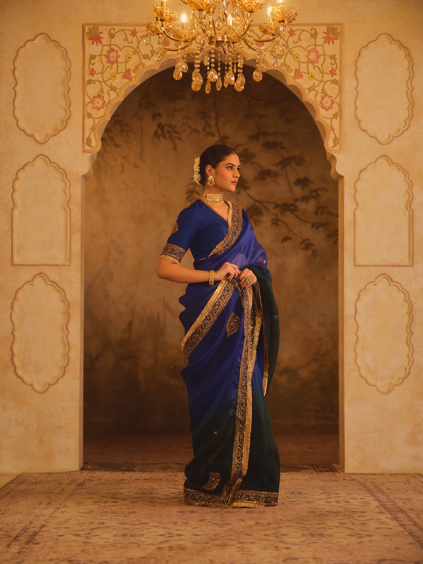 HOOR-E-MAHAL BLUE & GREEN OMBRE ORGANZA SAREE
