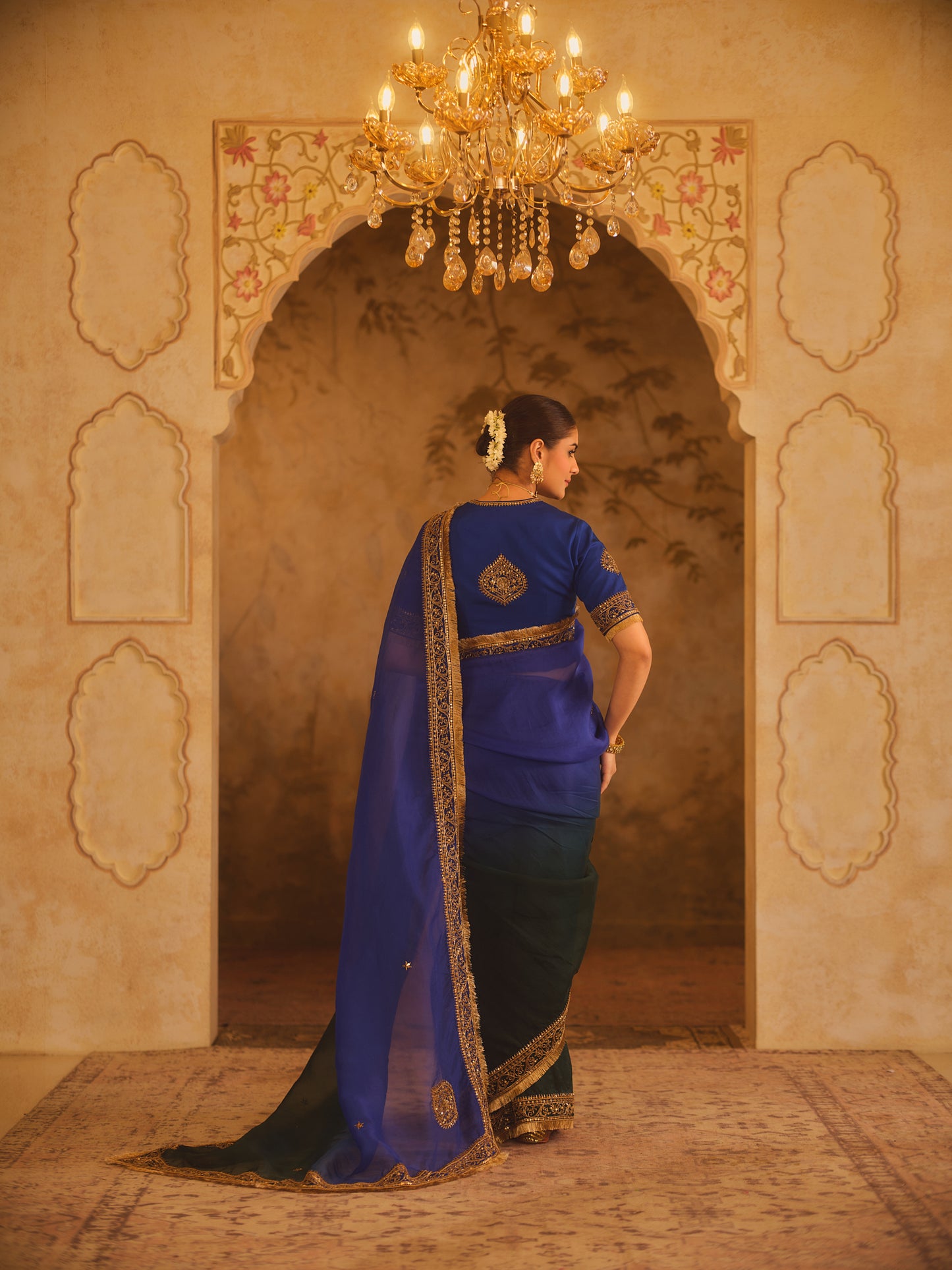 HOOR-E-MAHAL BLUE & GREEN OMBRE ORGANZA SAREE