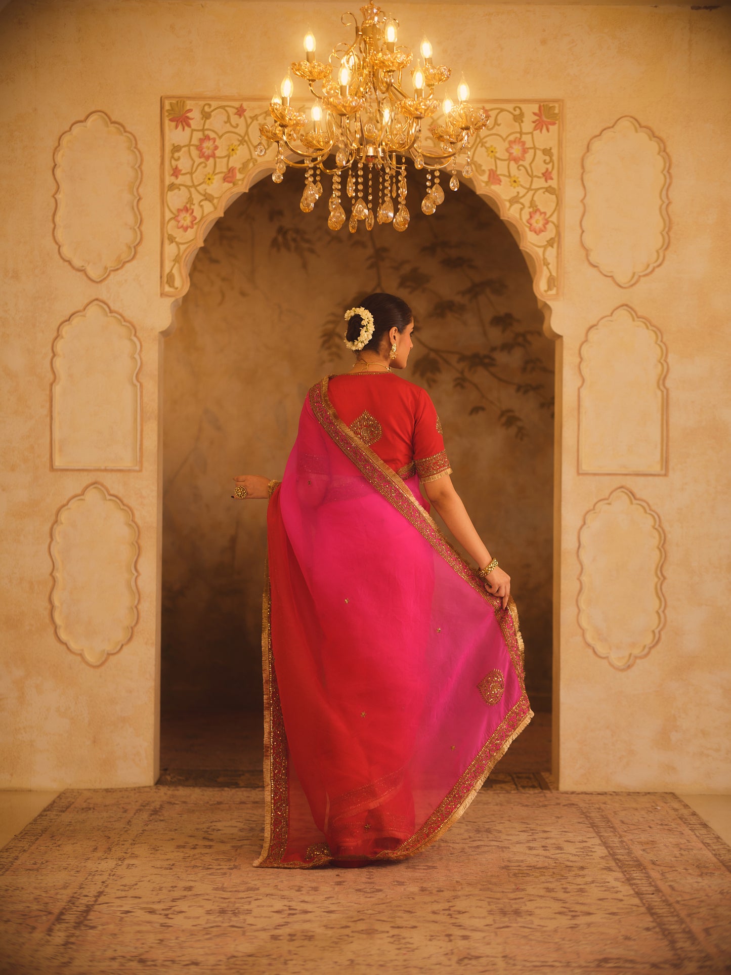 HOOE-E-MAHAL RED & PINK OMBRE ORGANZA SAREE