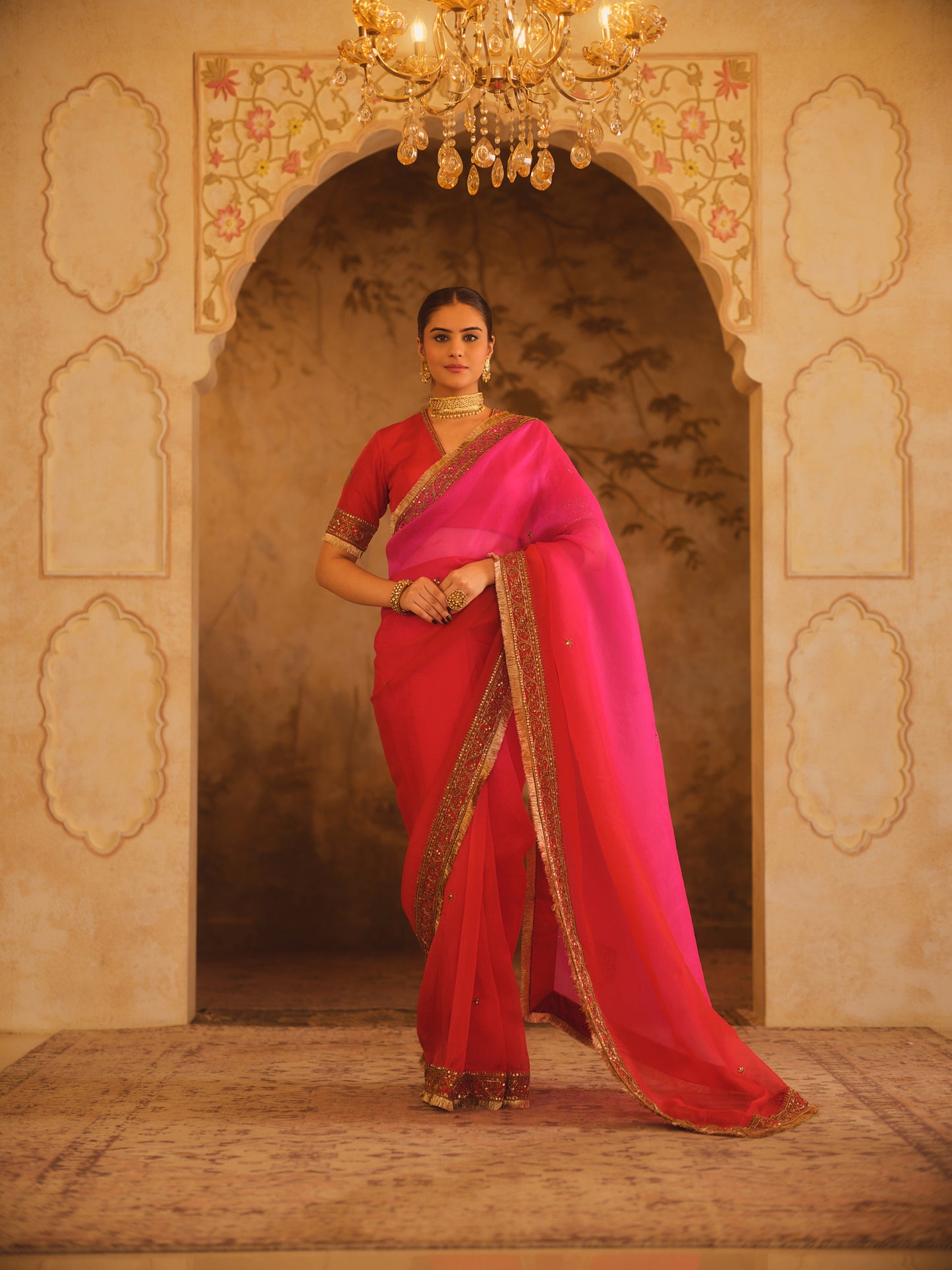 HOOE-E-MAHAL RED & PINK OMBRE ORGANZA SAREE
