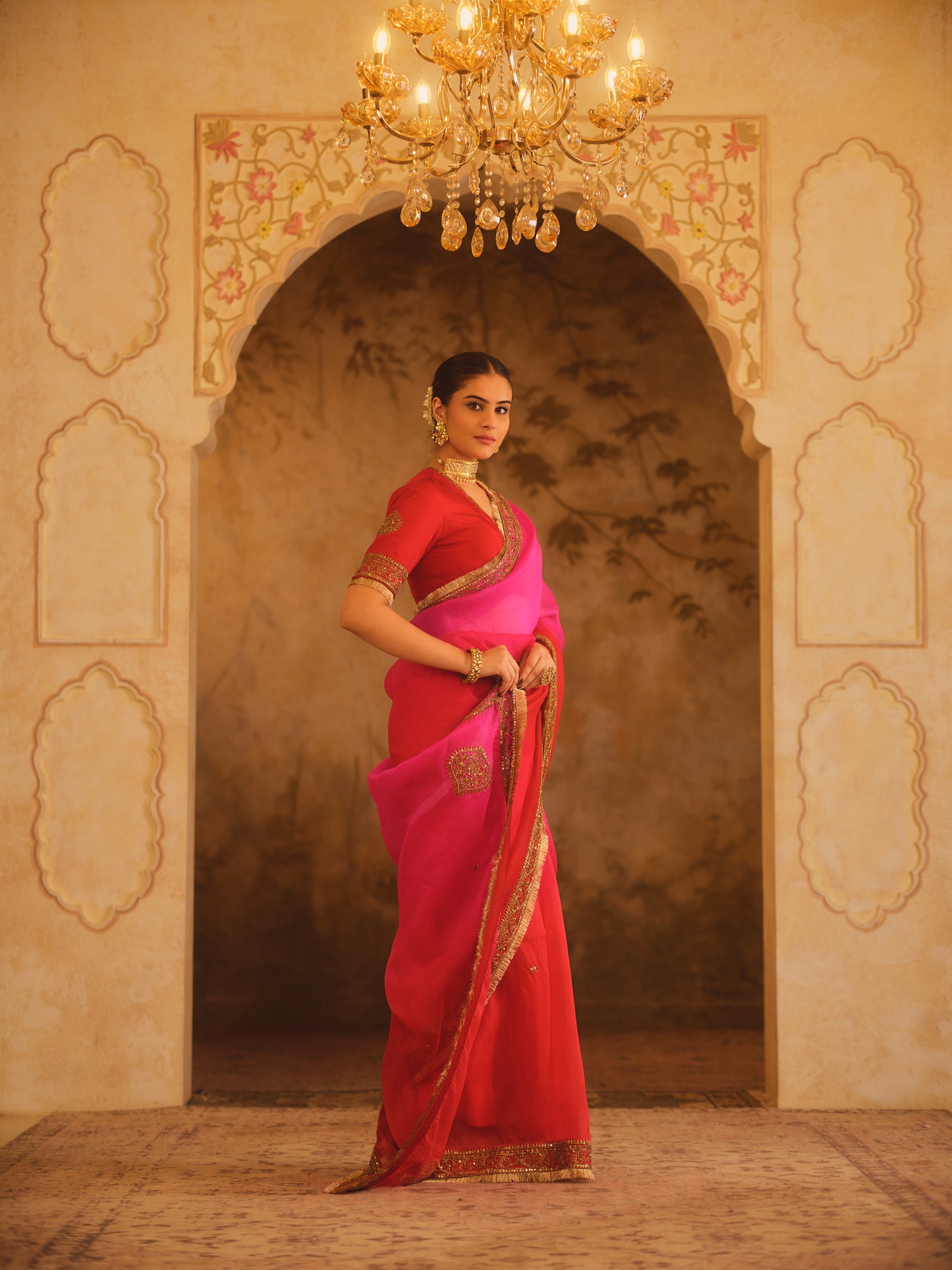 HOOE-E-MAHAL RED & PINK OMBRE ORGANZA SAREE
