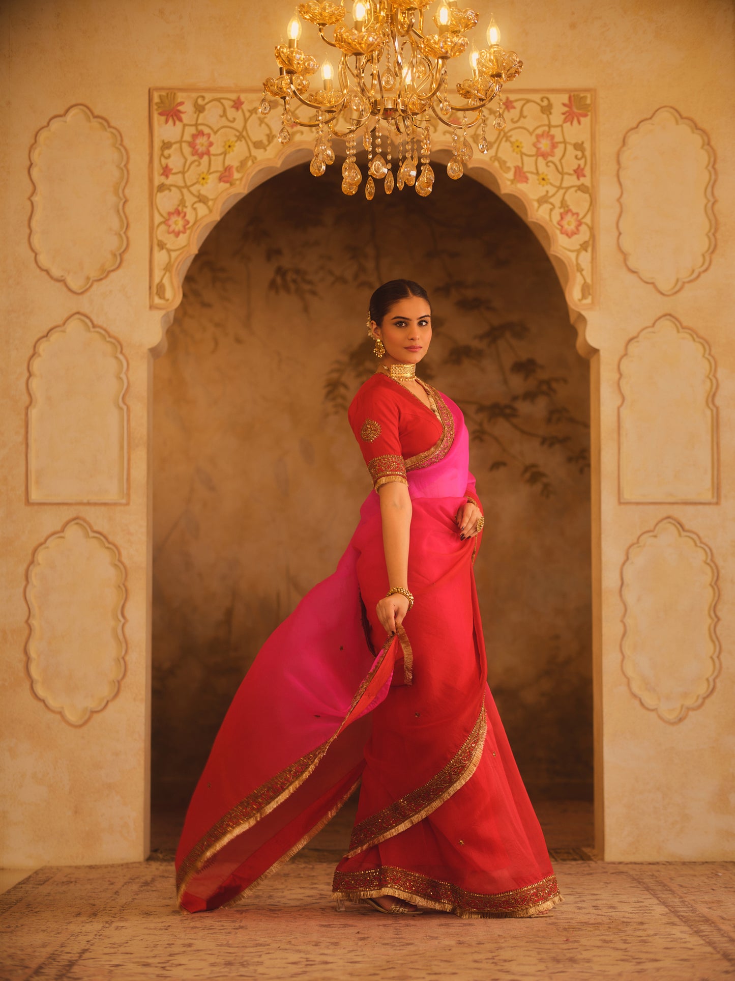 HOOE-E-MAHAL RED & PINK OMBRE ORGANZA SAREE