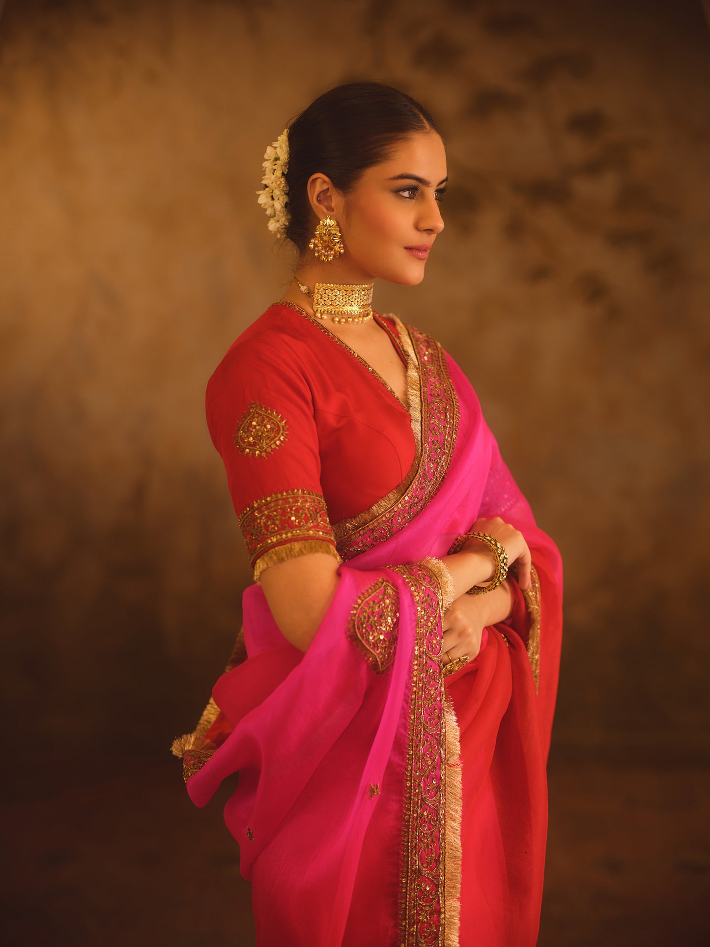 HOOE-E-MAHAL RED & PINK OMBRE ORGANZA SAREE