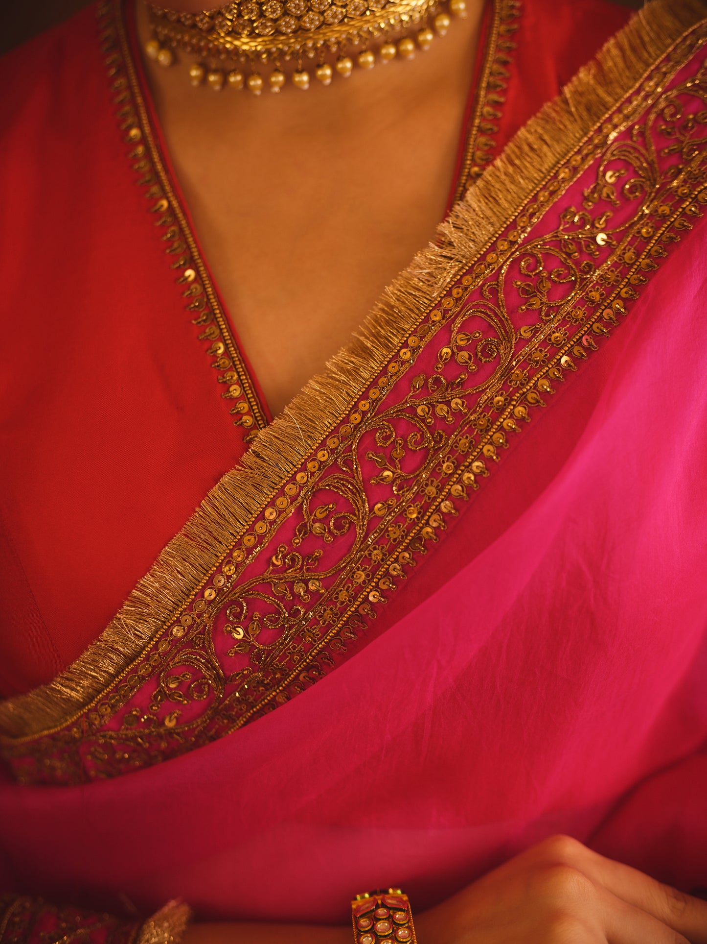 HOOE-E-MAHAL RED & PINK OMBRE ORGANZA SAREE