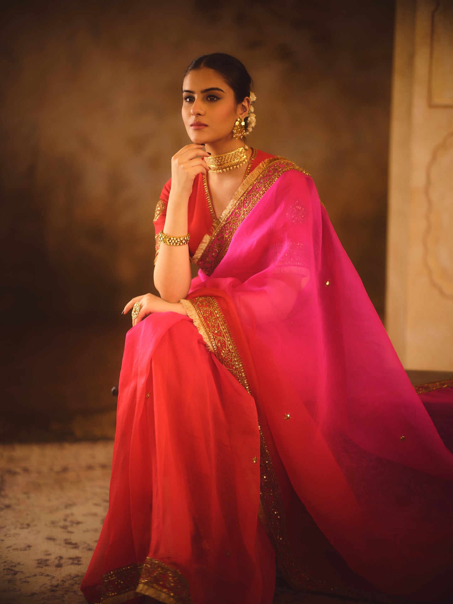 HOOE-E-MAHAL RED & PINK OMBRE ORGANZA SAREE