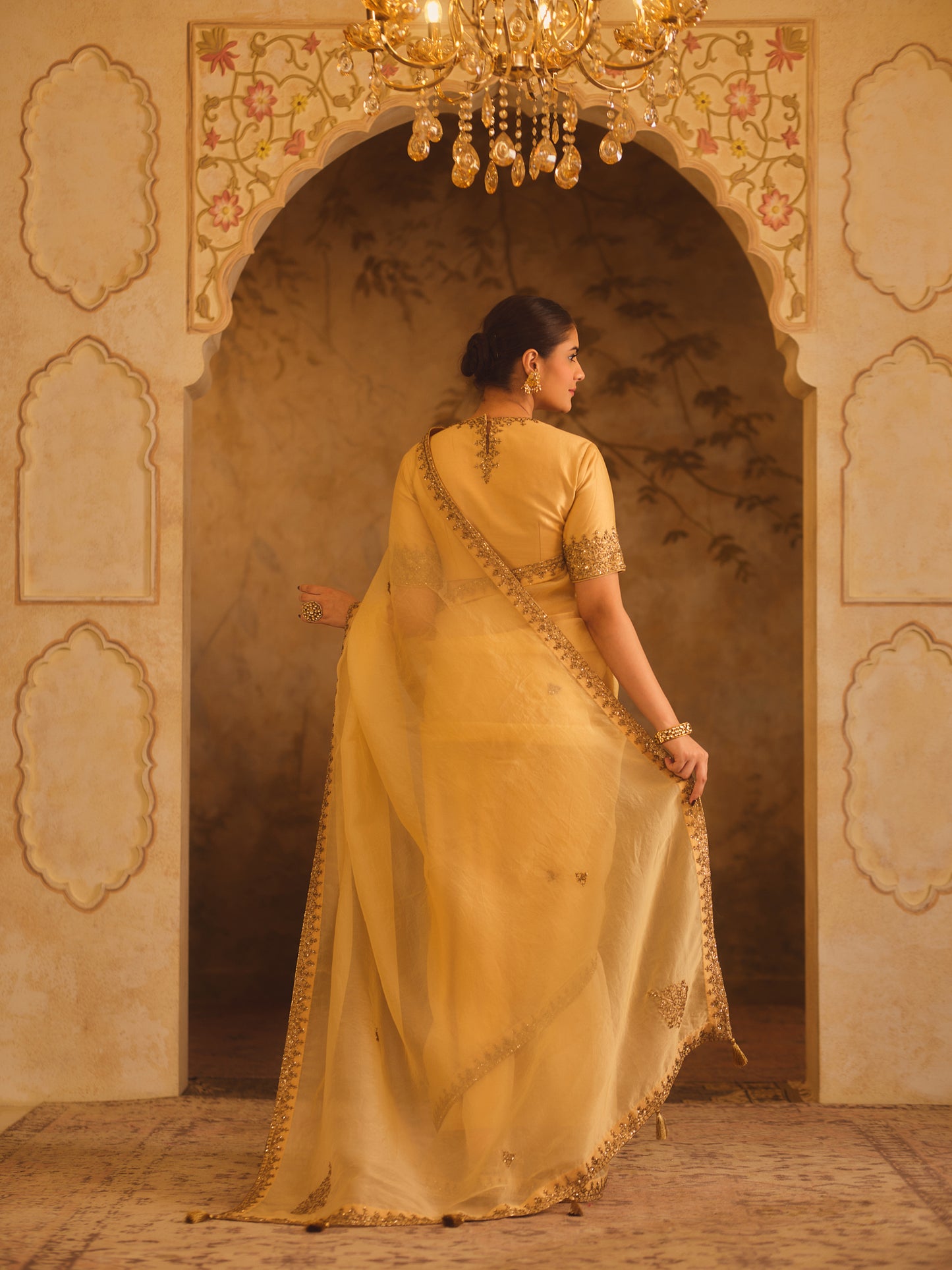 TAJRA GOLD ORGANZA SAREE WITH ZERO-NECK BLOUSE