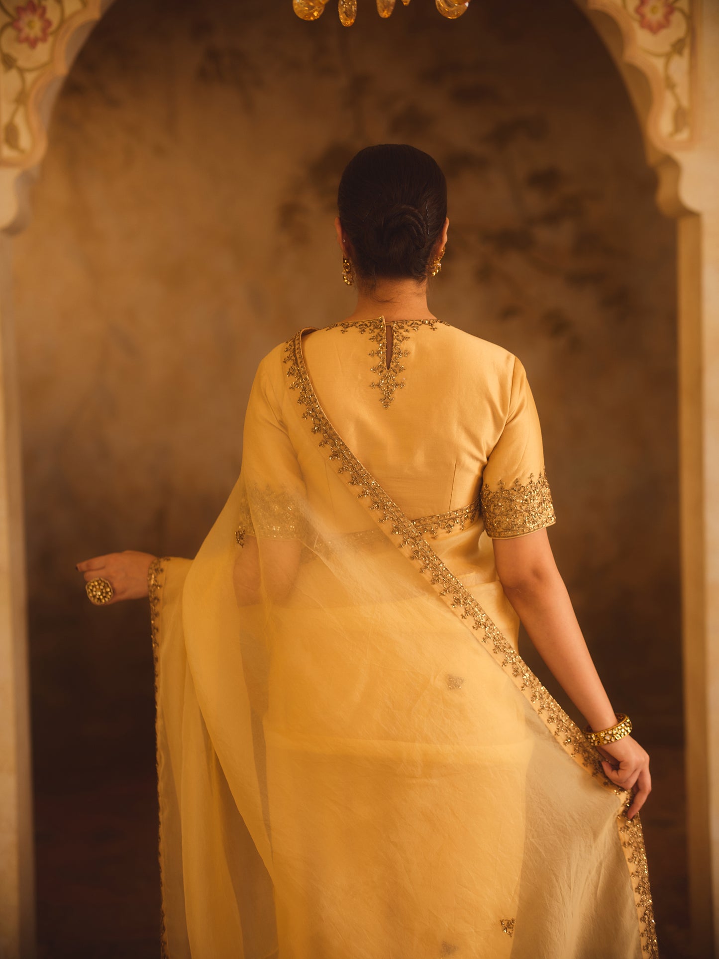 TAJRA GOLD ORGANZA SAREE WITH ZERO-NECK BLOUSE