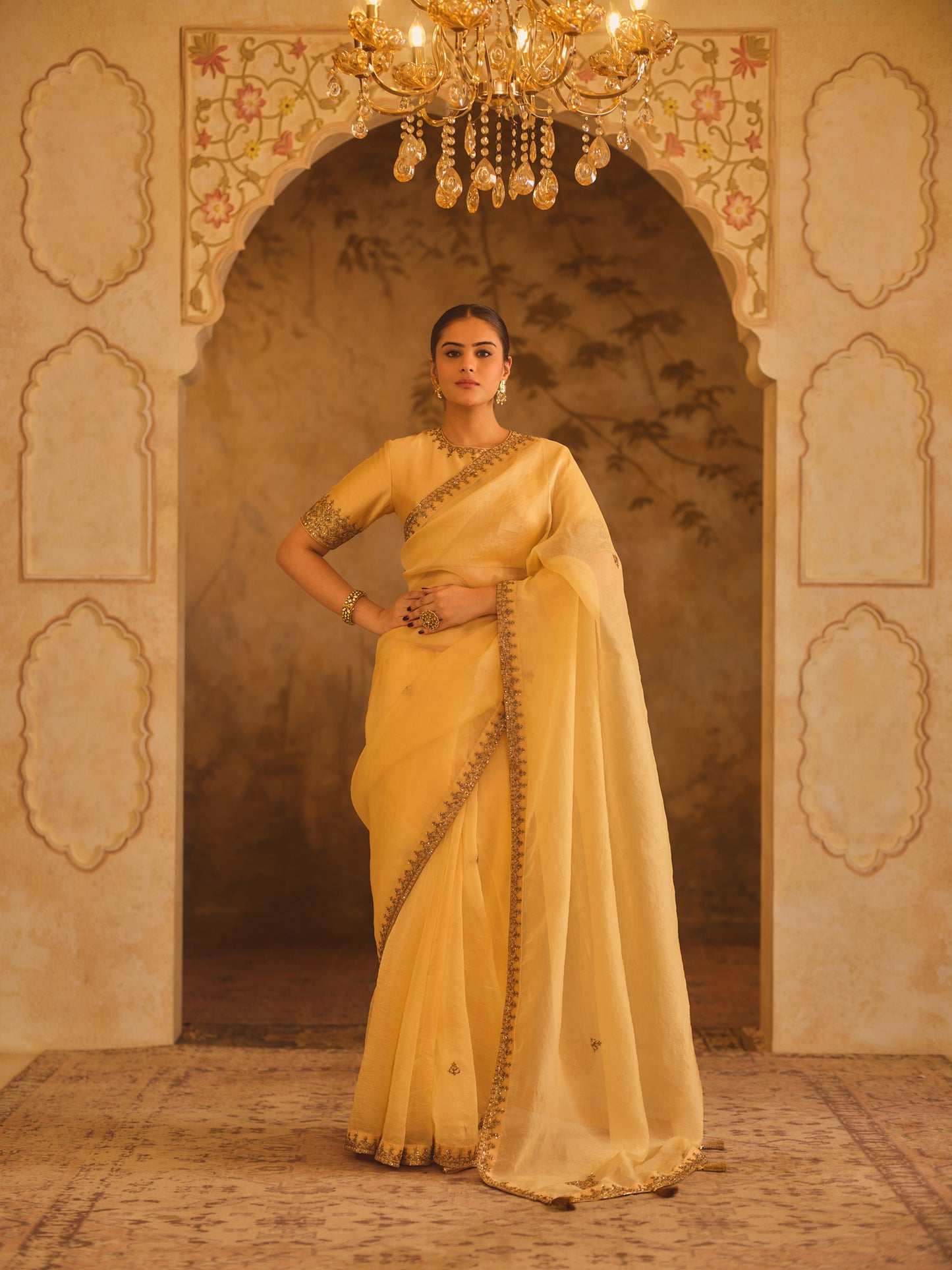 TAJRA GOLD ORGANZA SAREE WITH ZERO-NECK BLOUSE
