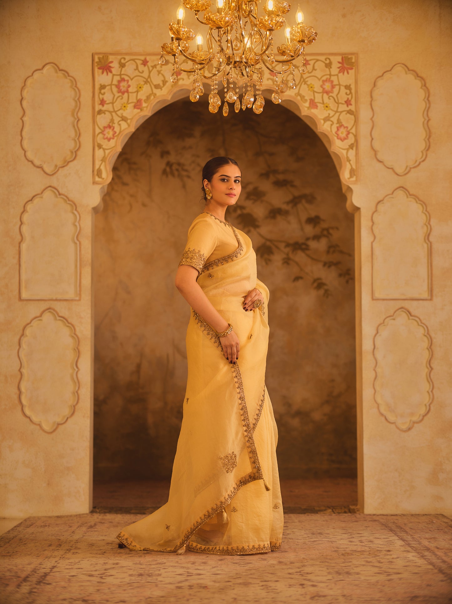 TAJRA GOLD ORGANZA SAREE WITH ZERO-NECK BLOUSE
