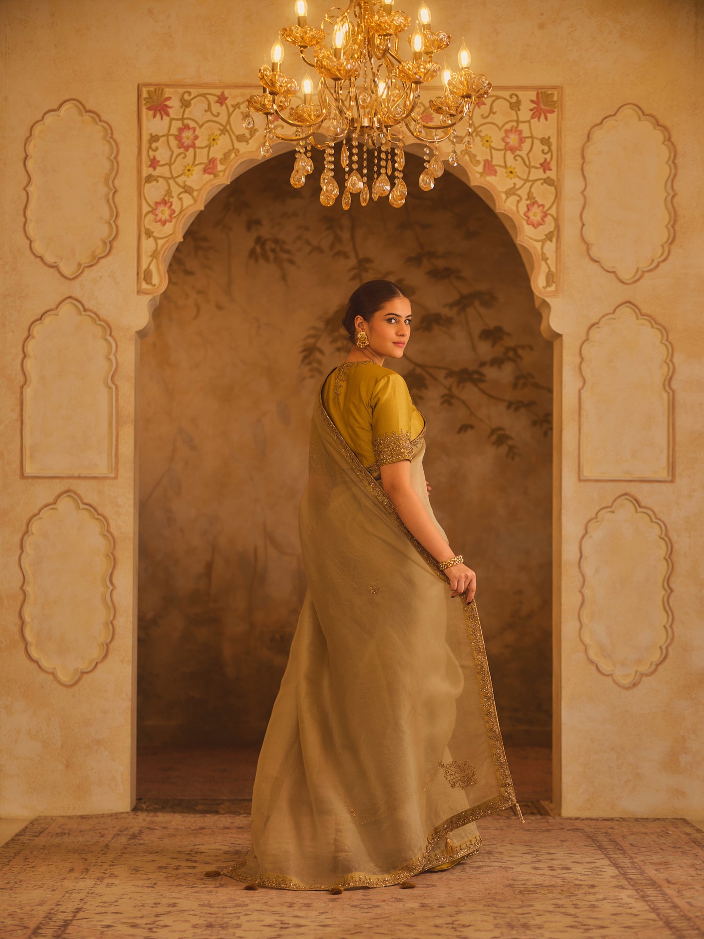 TAJRA GREY & GREEN ORGANZA SAREE WITH ZERO-NECK BLOUSE