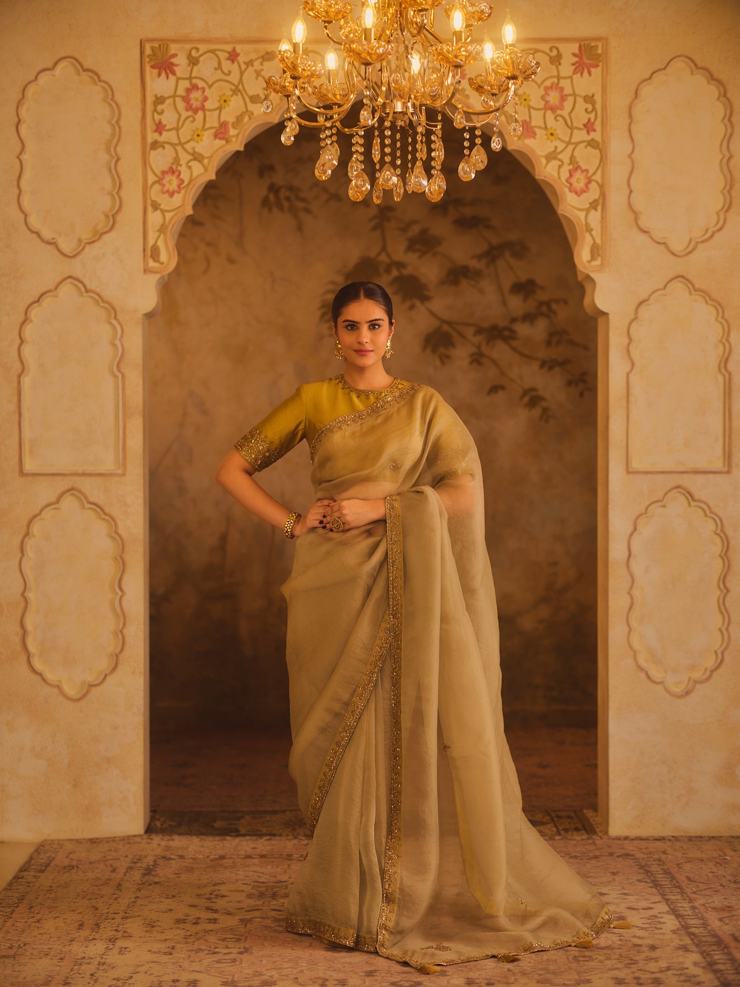 TAJRA GREY & GREEN ORGANZA SAREE WITH ZERO-NECK BLOUSE