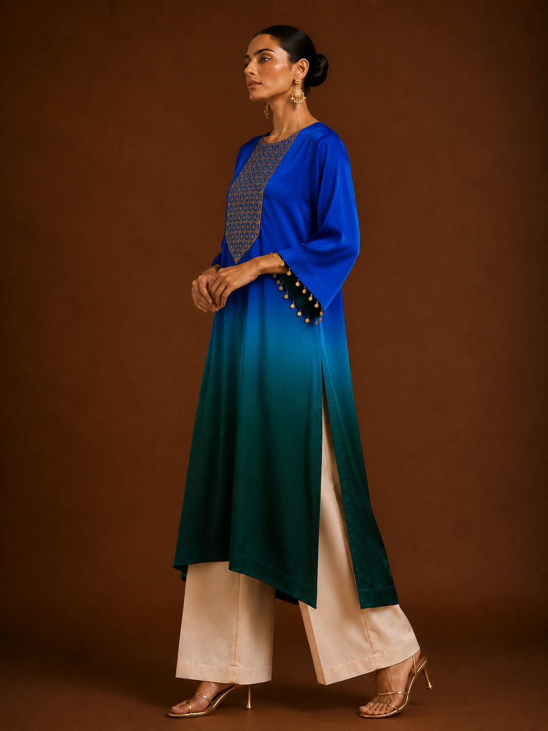 Hoor-e-Mahal Blue & Green Ombre Kaftan Set